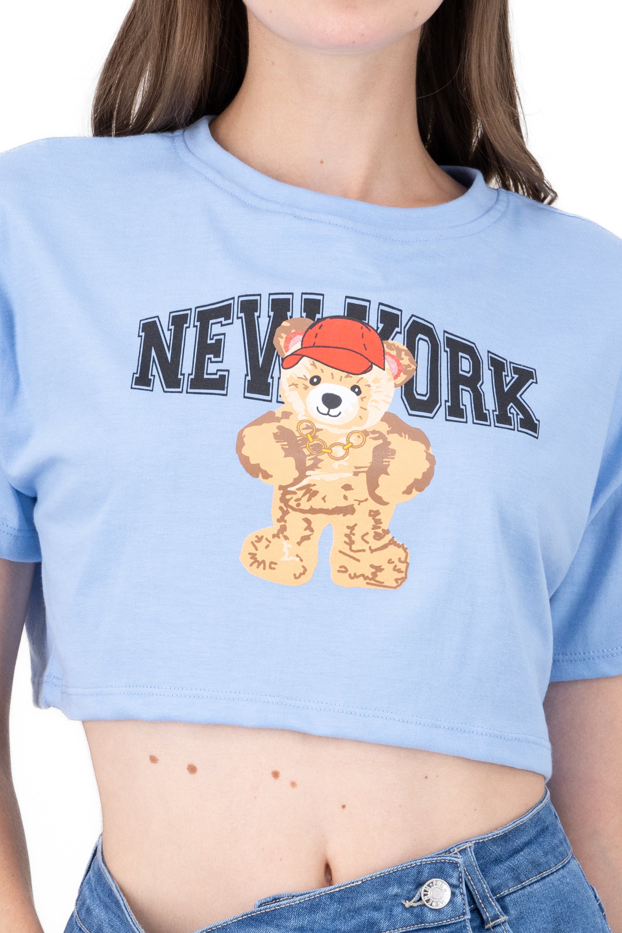 Crop top with New York bear print PASTEL BLUE