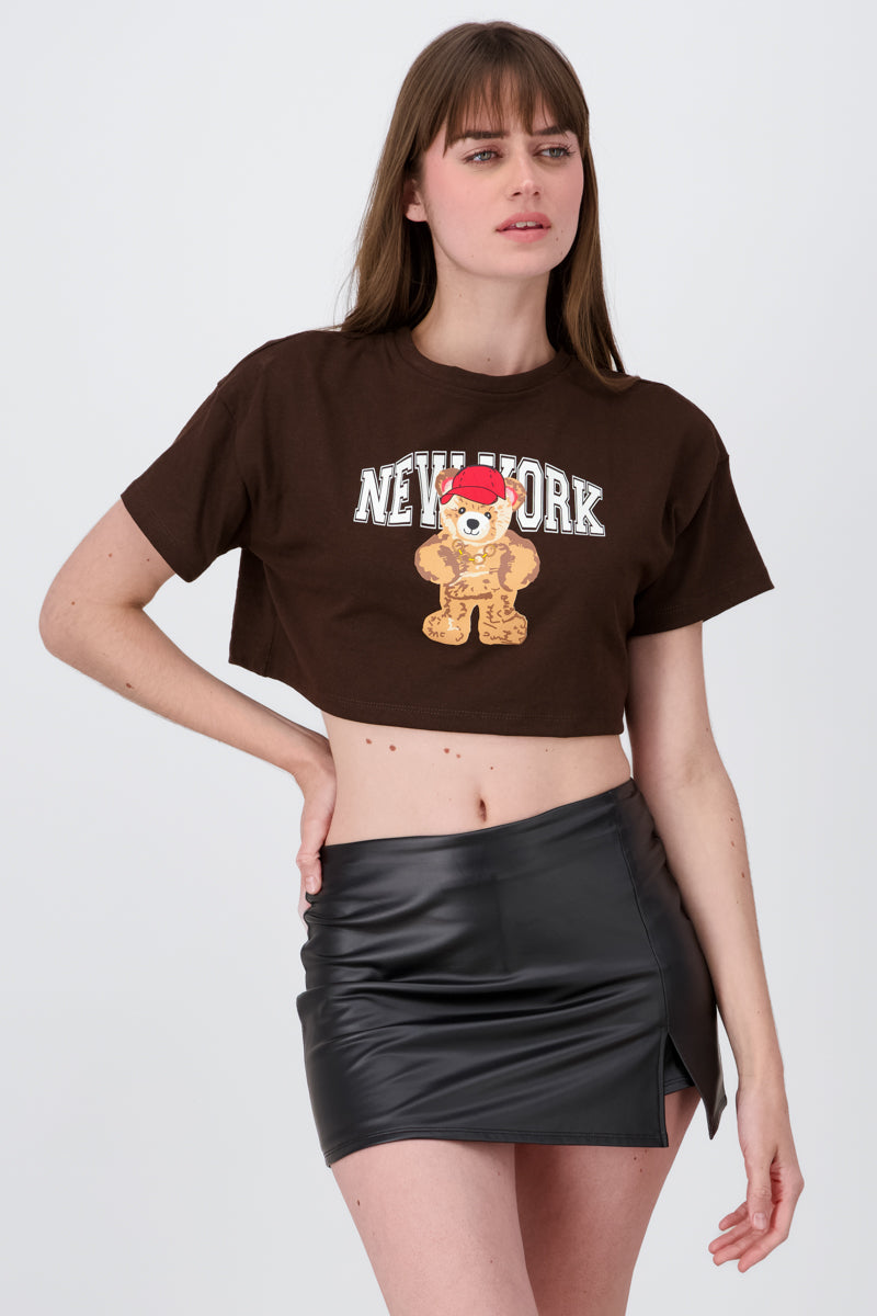 Crop top with New York bear print DARK BROWN