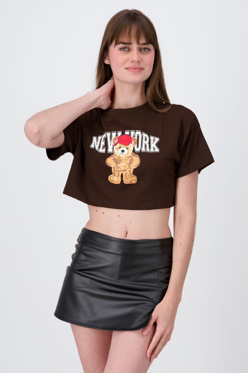 Crop top with New York bear print DARK BROWN