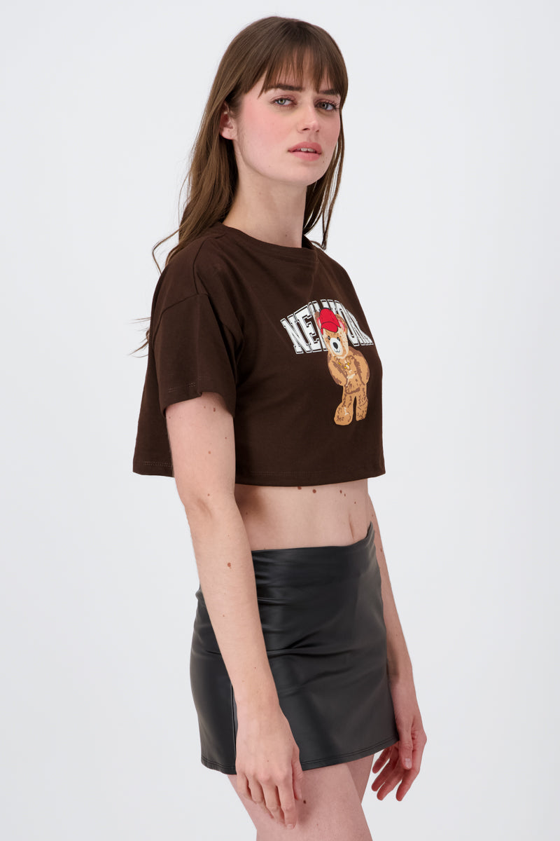 Crop top with New York bear print DARK BROWN