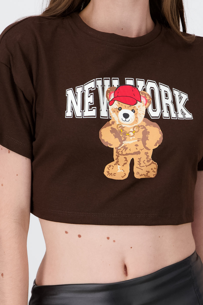 Crop top with New York bear print DARK BROWN