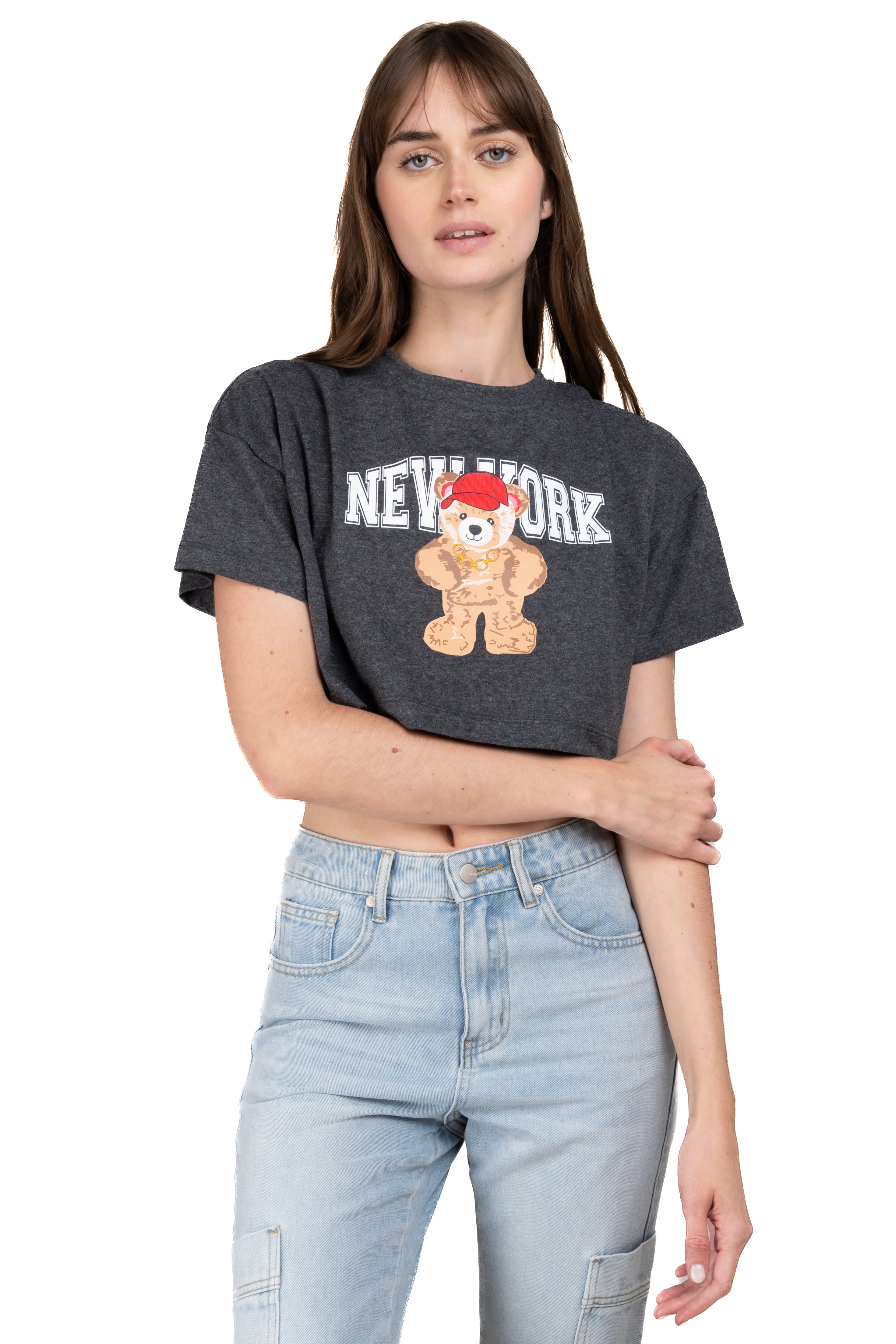 Crop top with New York bear print DARK GRAY