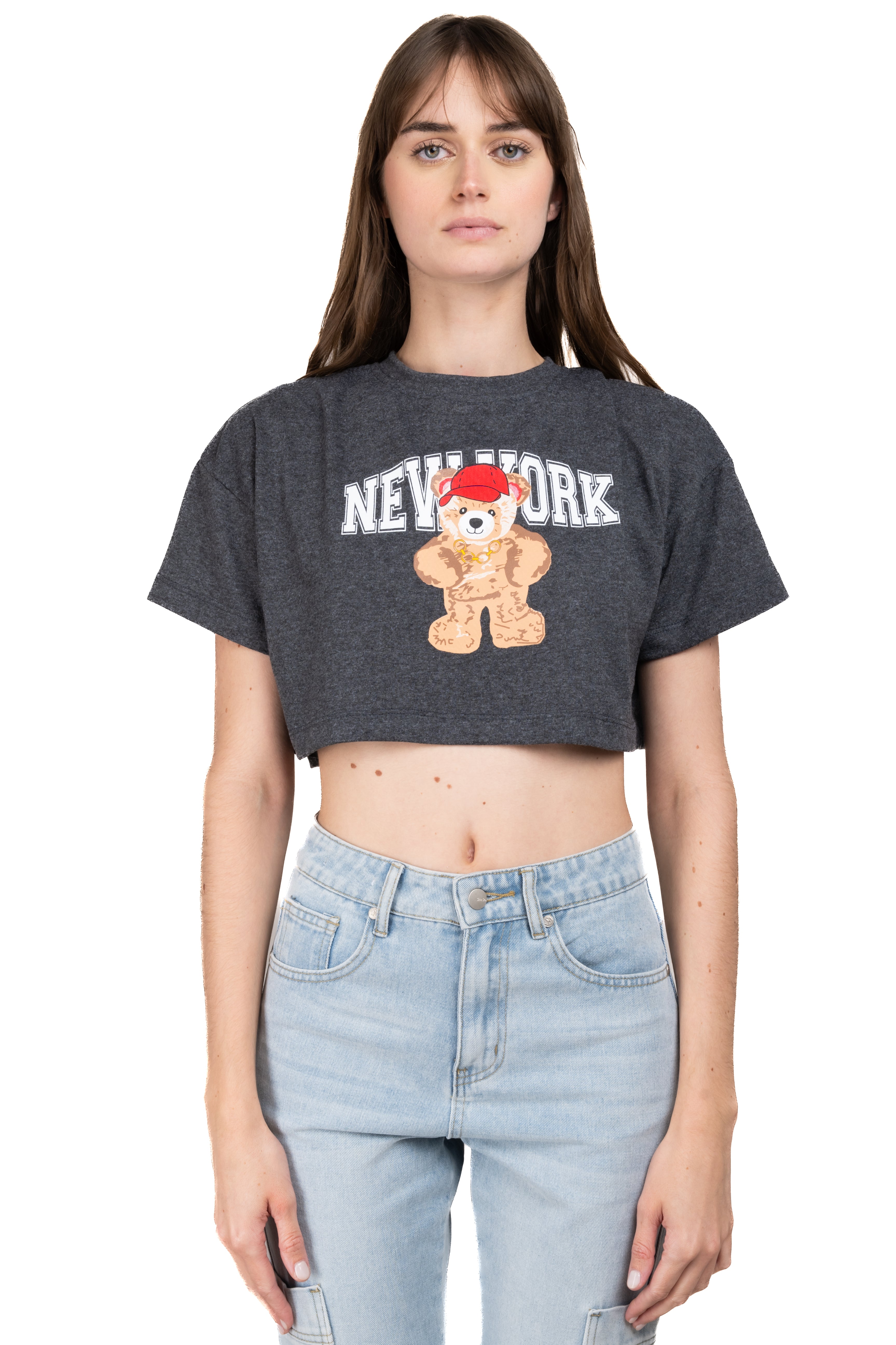 Crop top with New York bear print DARK GRAY