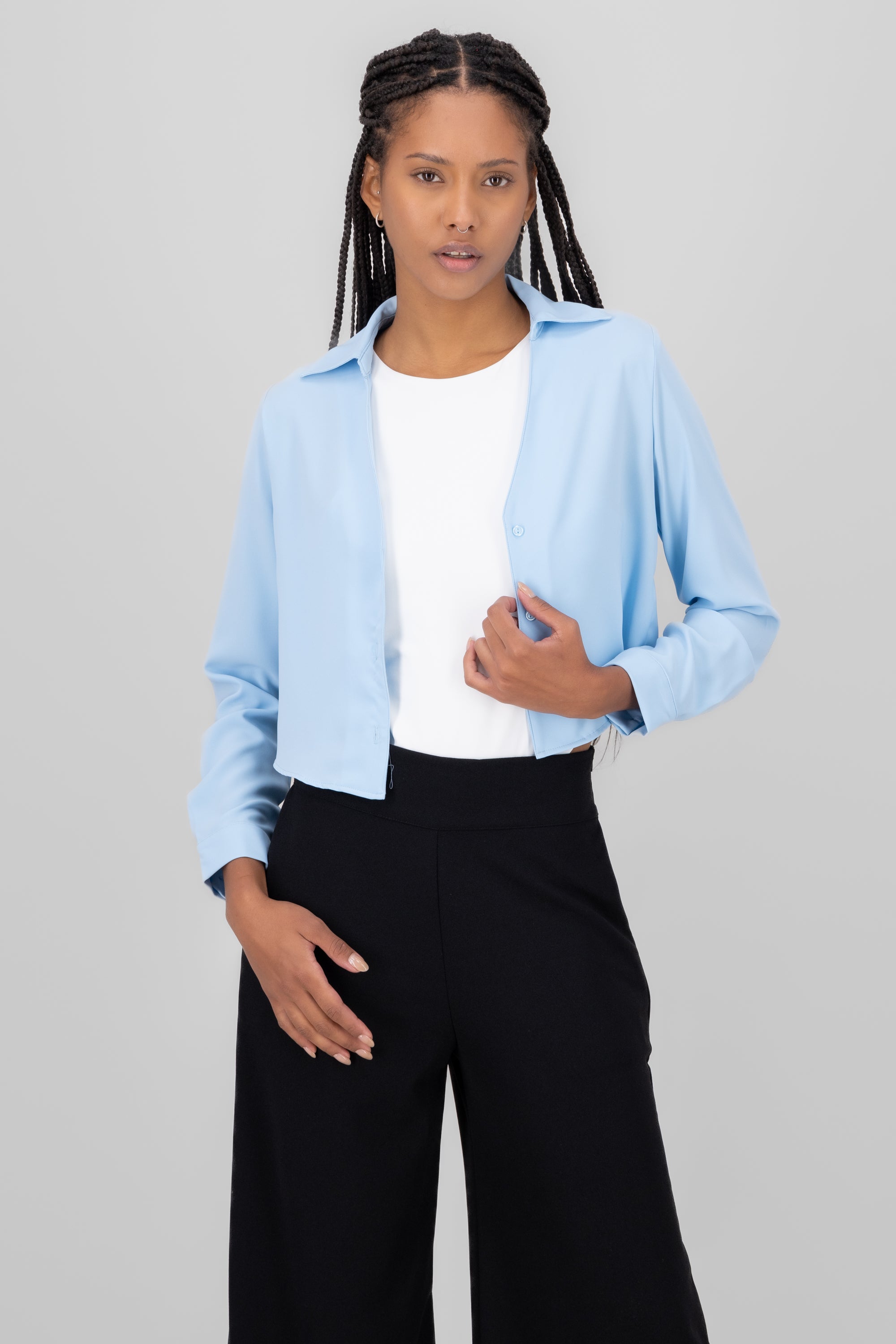 VNeck Long Sleeve ButtonUp Blouse PASTEL BLUE