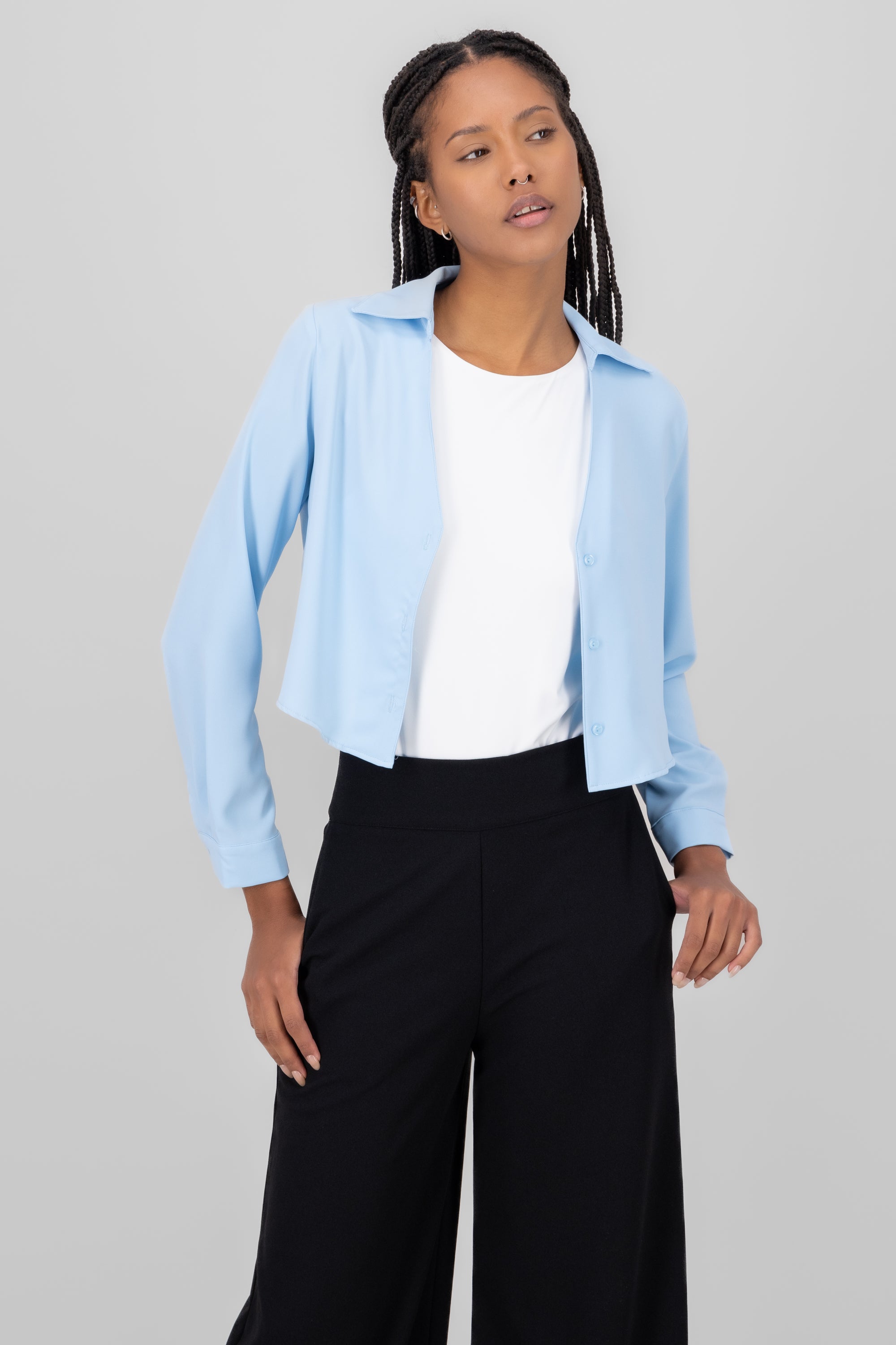 VNeck Long Sleeve ButtonUp Blouse PASTEL BLUE