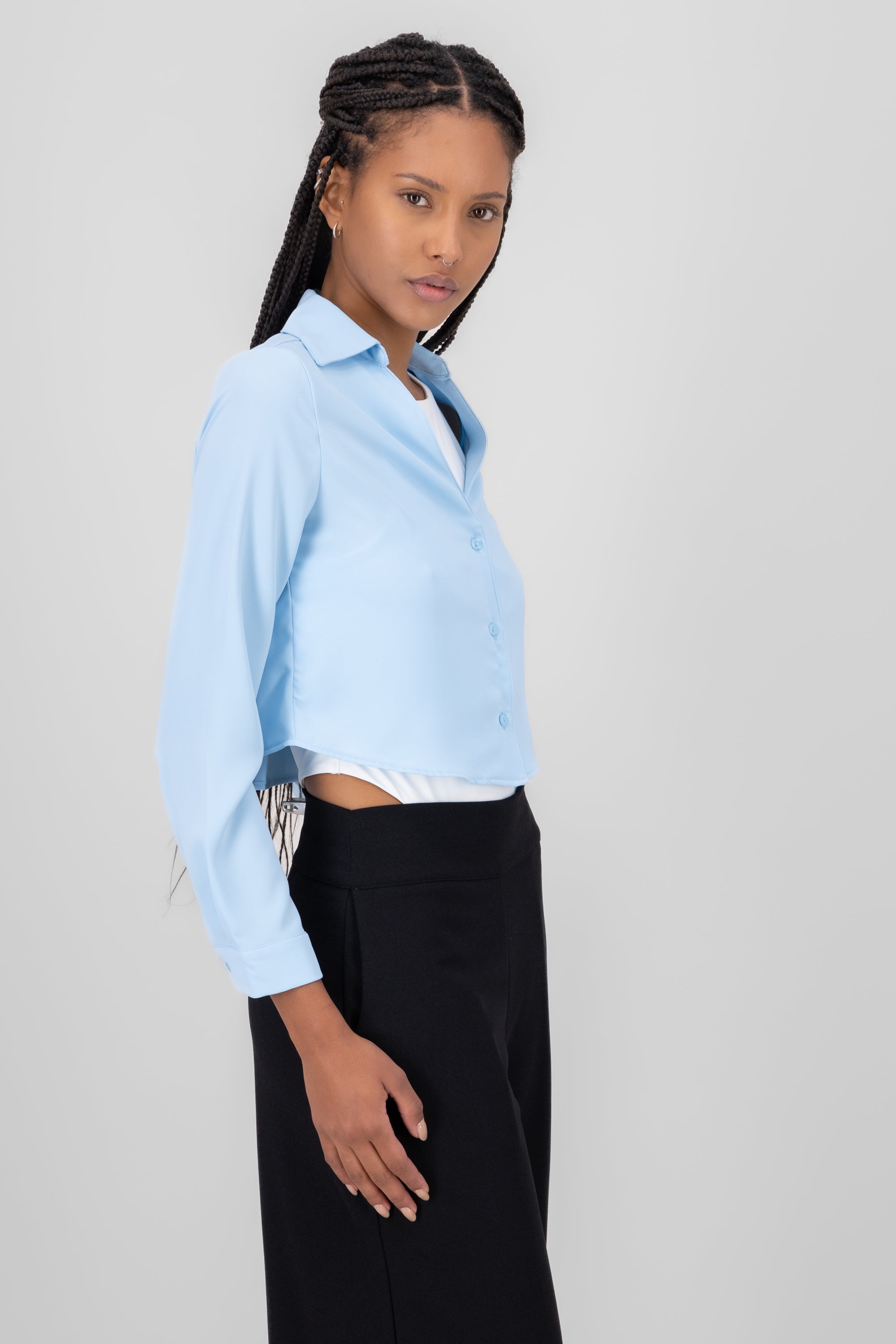 VNeck Long Sleeve ButtonUp Blouse PASTEL BLUE