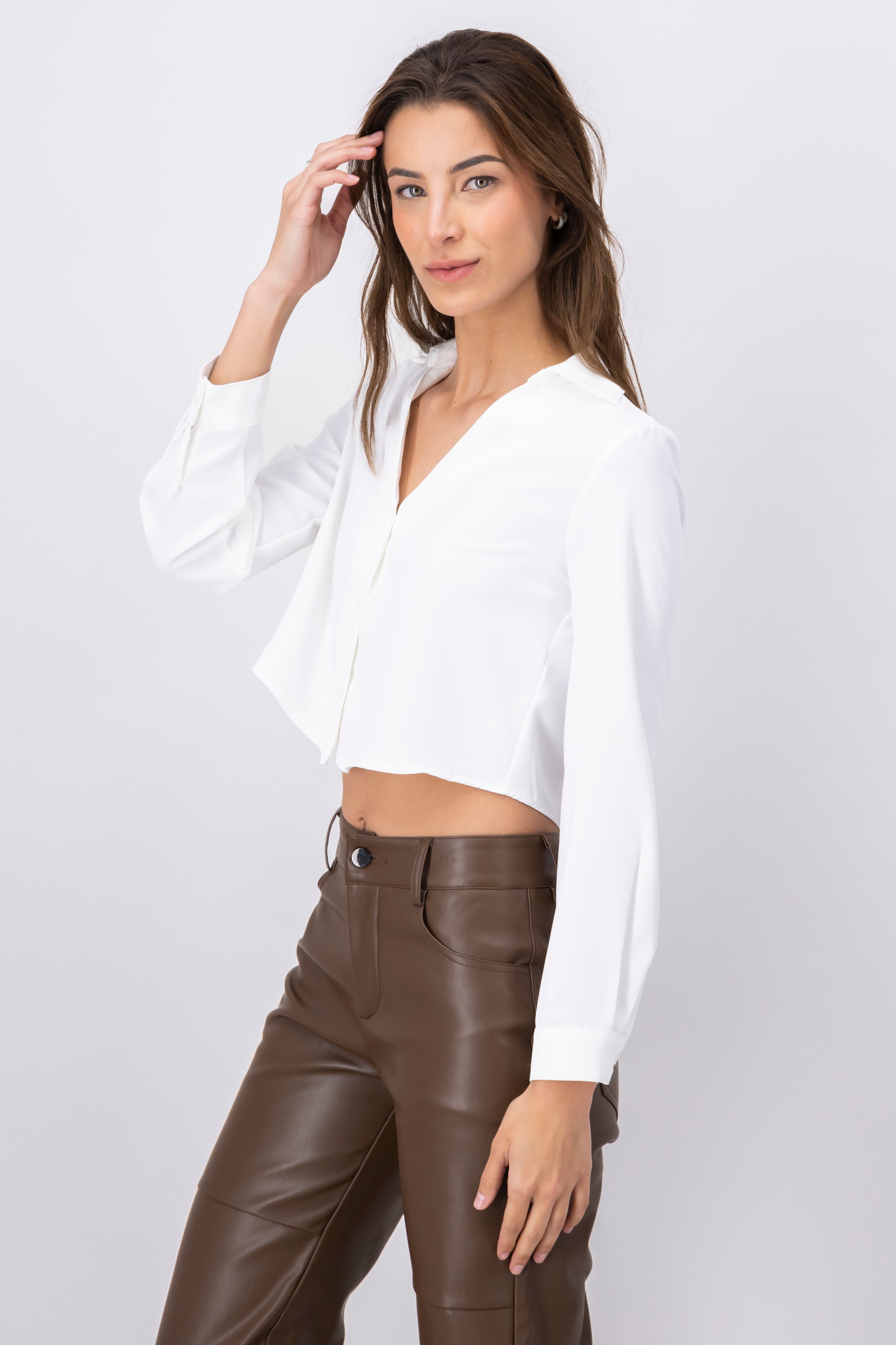 VNeck Long Sleeve ButtonUp Blouse WHITE