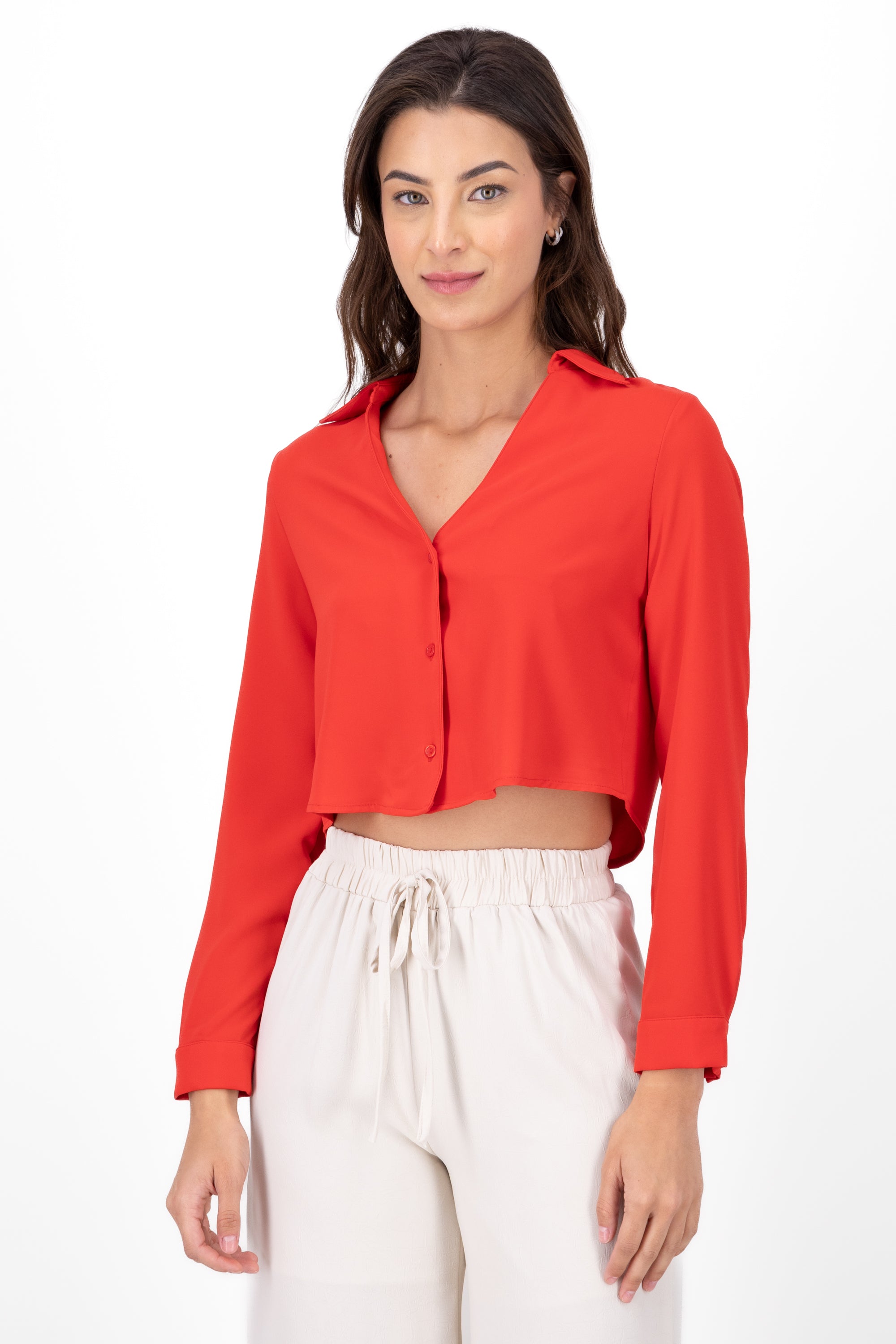 VNeck Long Sleeve ButtonUp Blouse RED