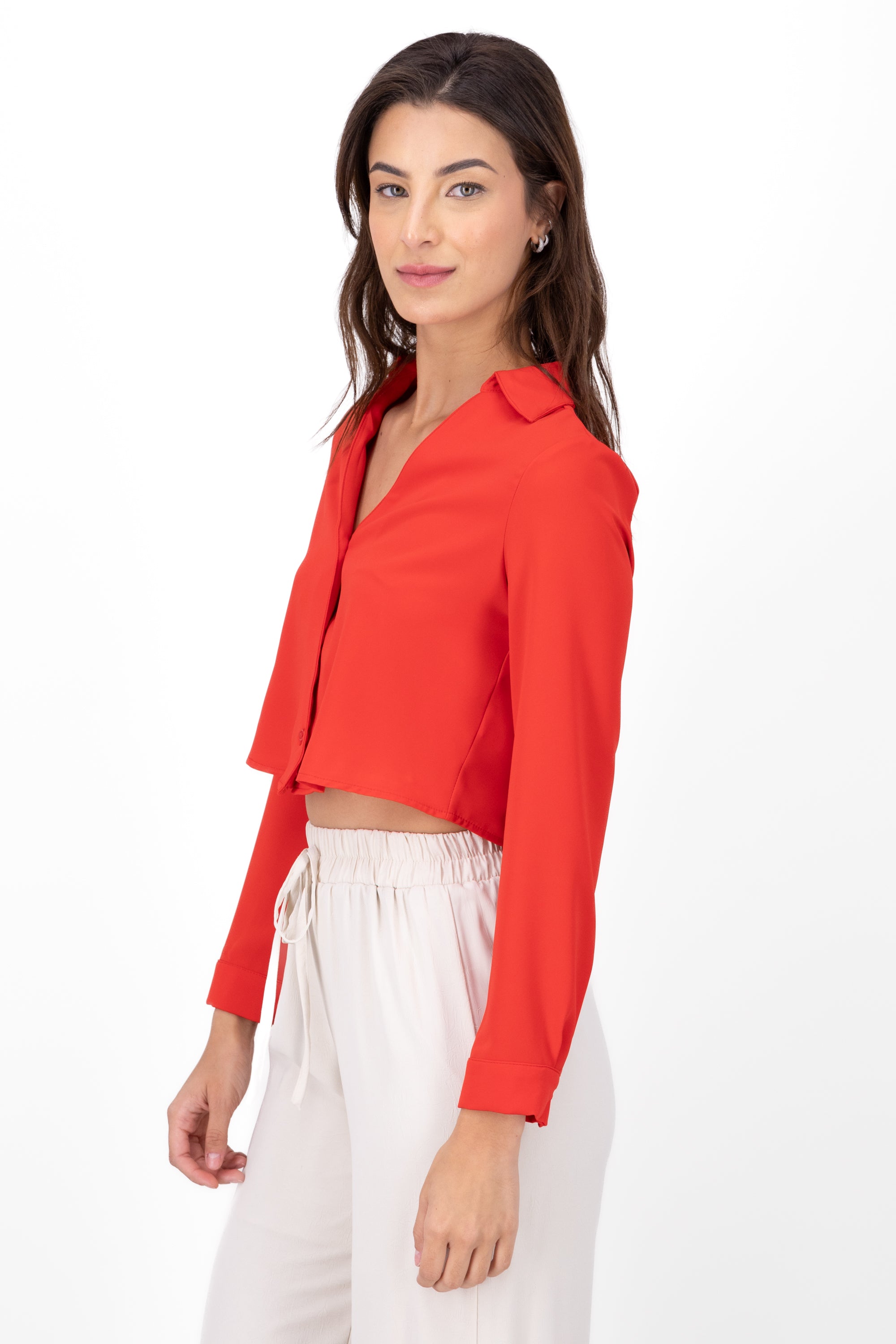 VNeck Long Sleeve ButtonUp Blouse RED