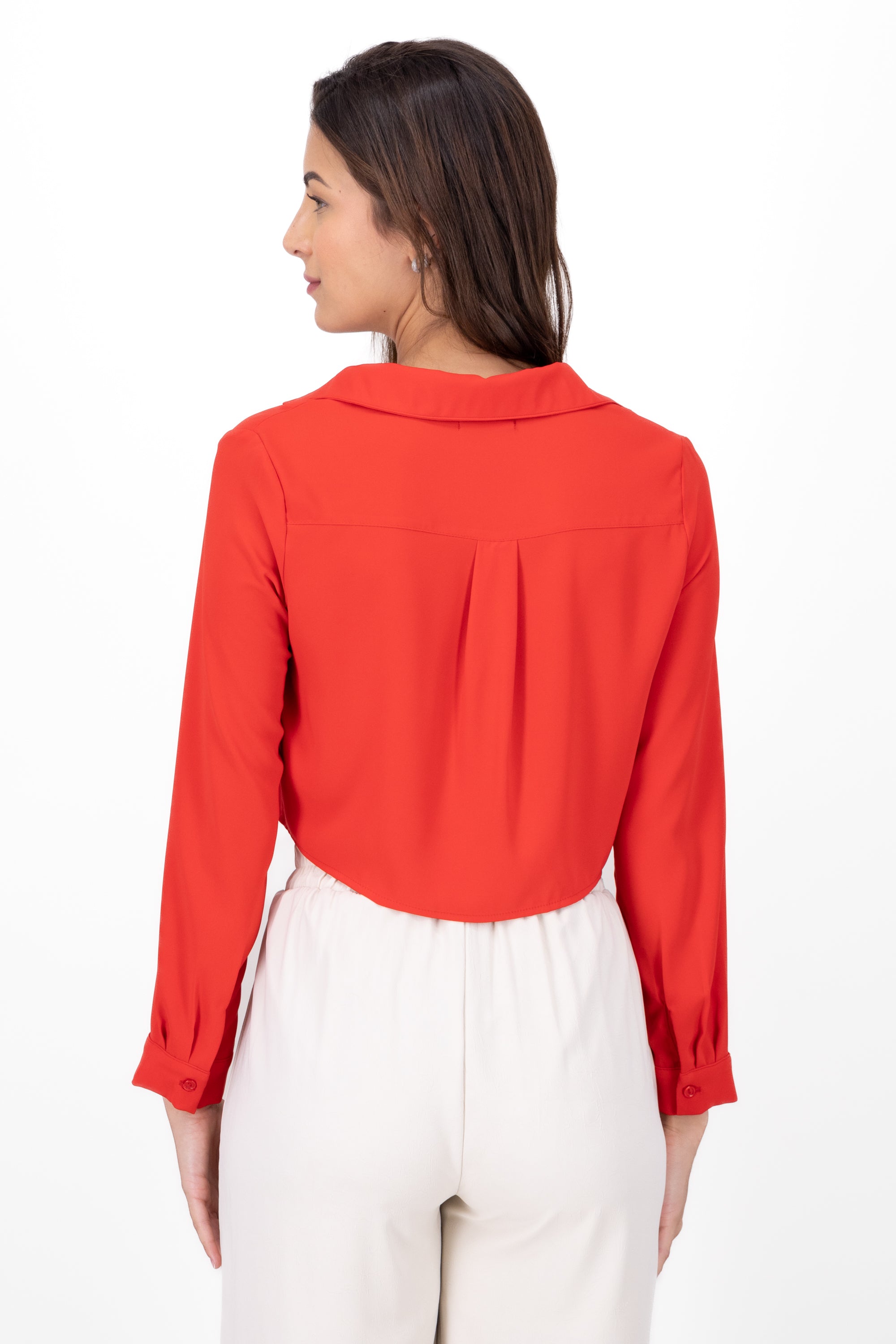 VNeck Long Sleeve ButtonUp Blouse RED