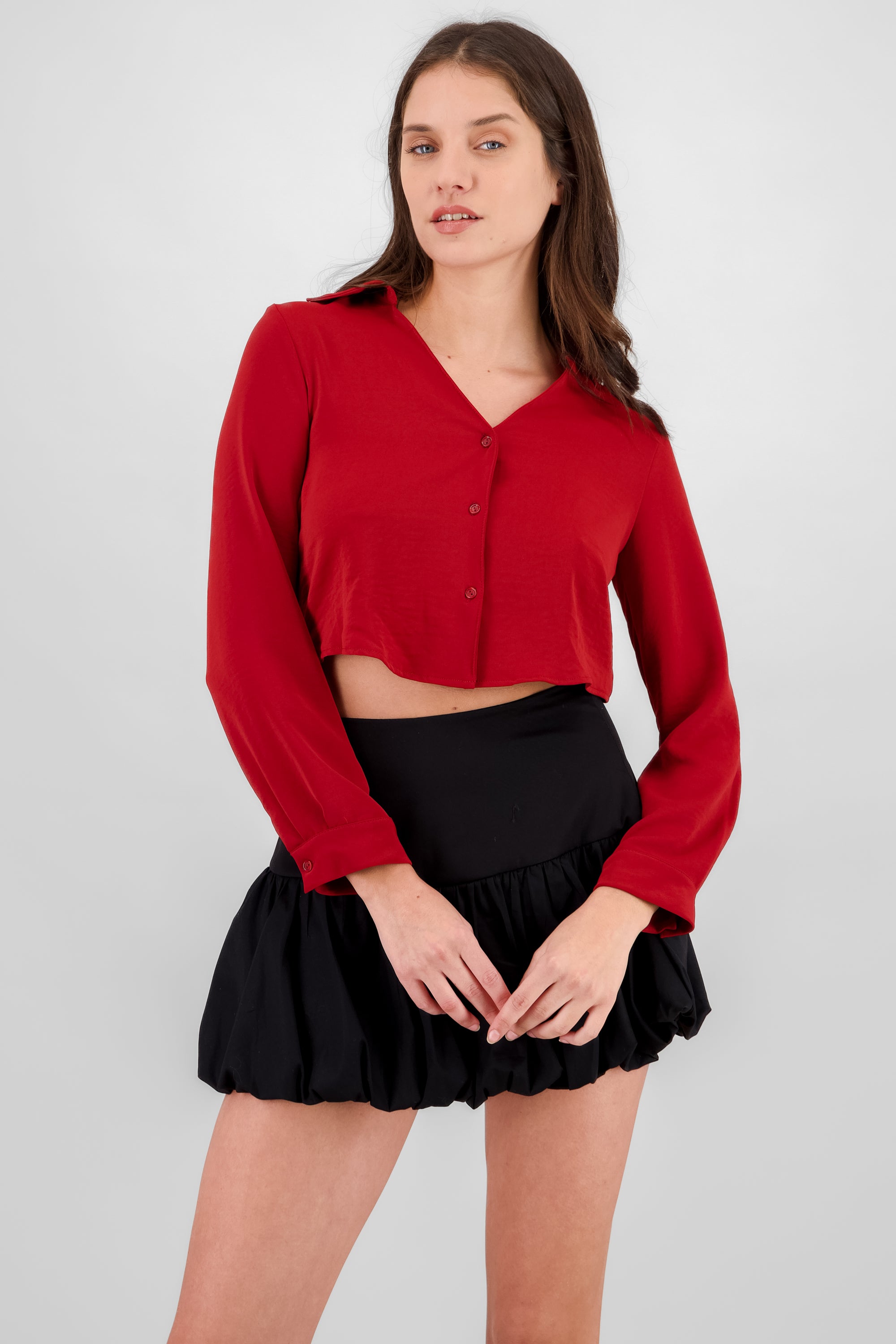 VNeck Long Sleeve ButtonUp Blouse BURGUNDY