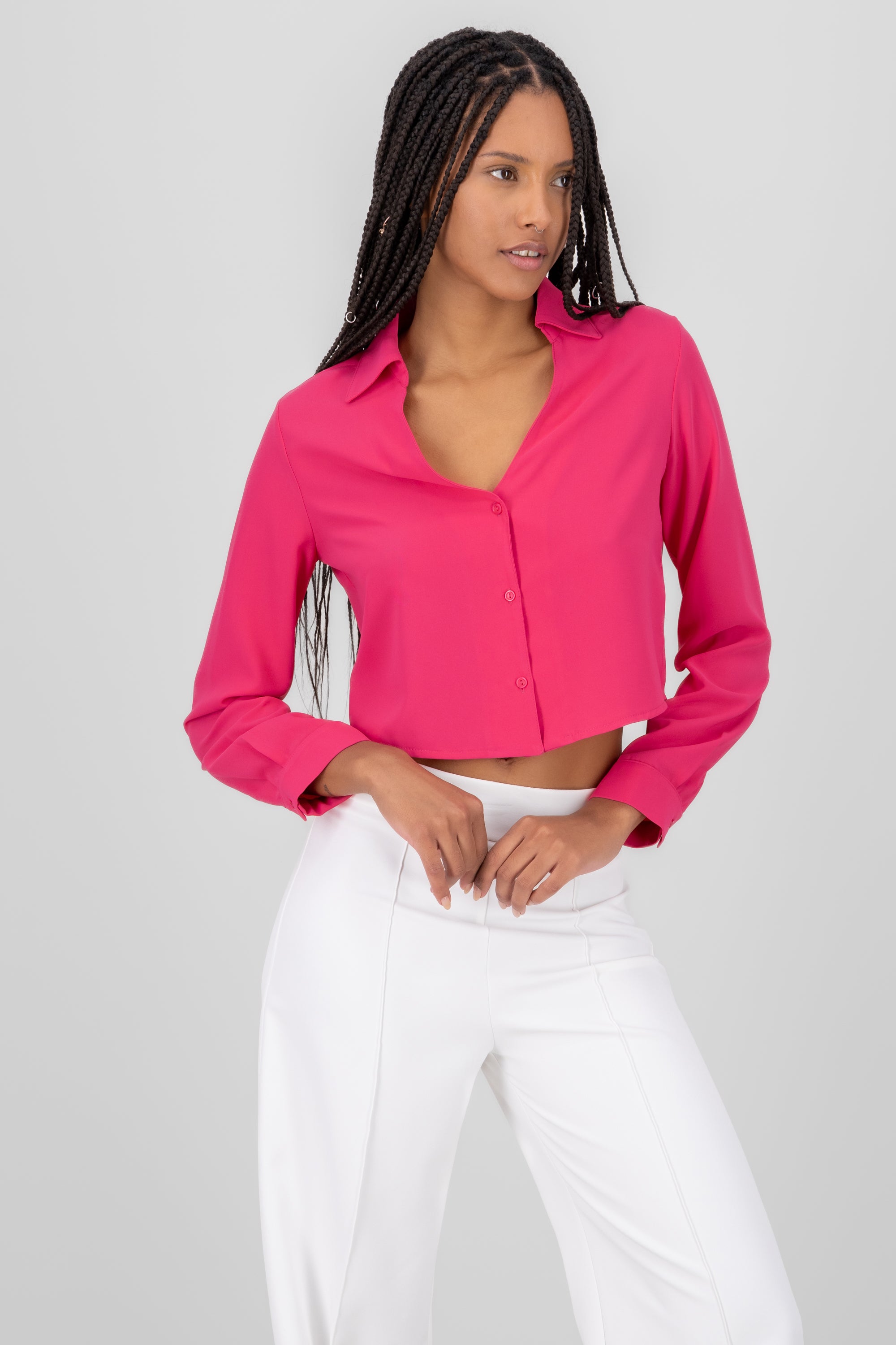 VNeck Long Sleeve ButtonUp Blouse PINK COMBO