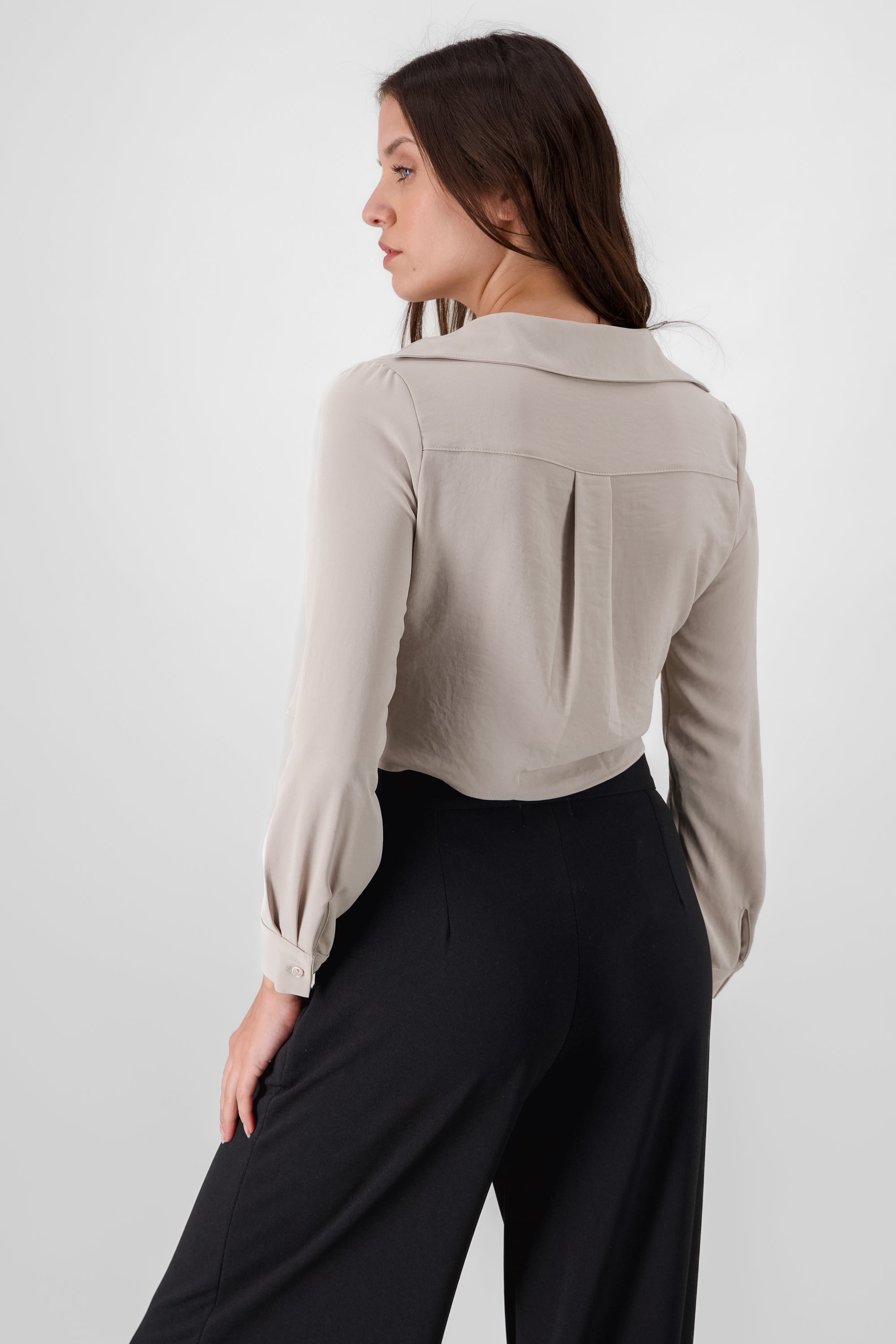 VNeck Long Sleeve ButtonUp Blouse GREY