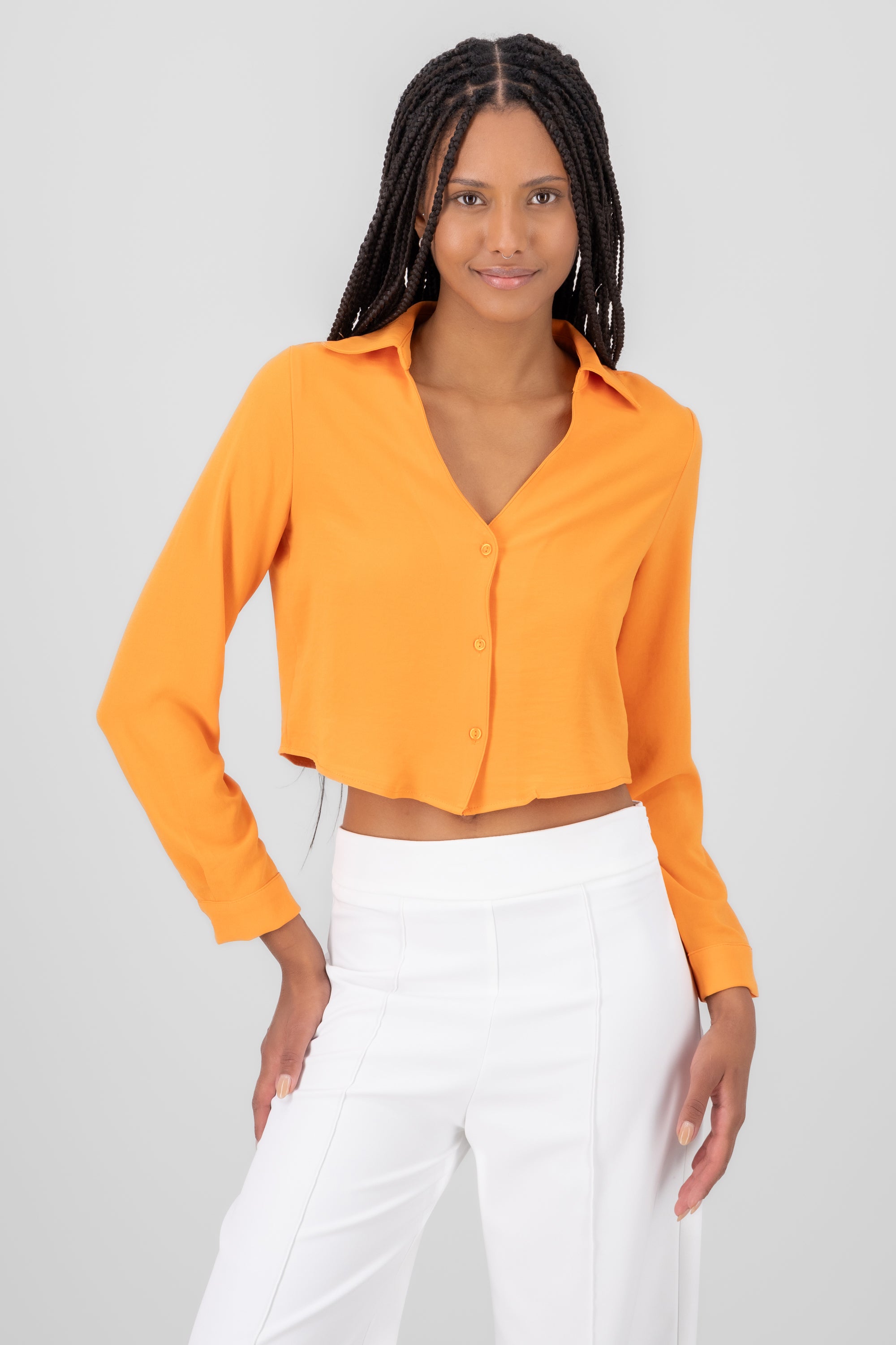 VNeck Long Sleeve ButtonUp Blouse TANGERINE