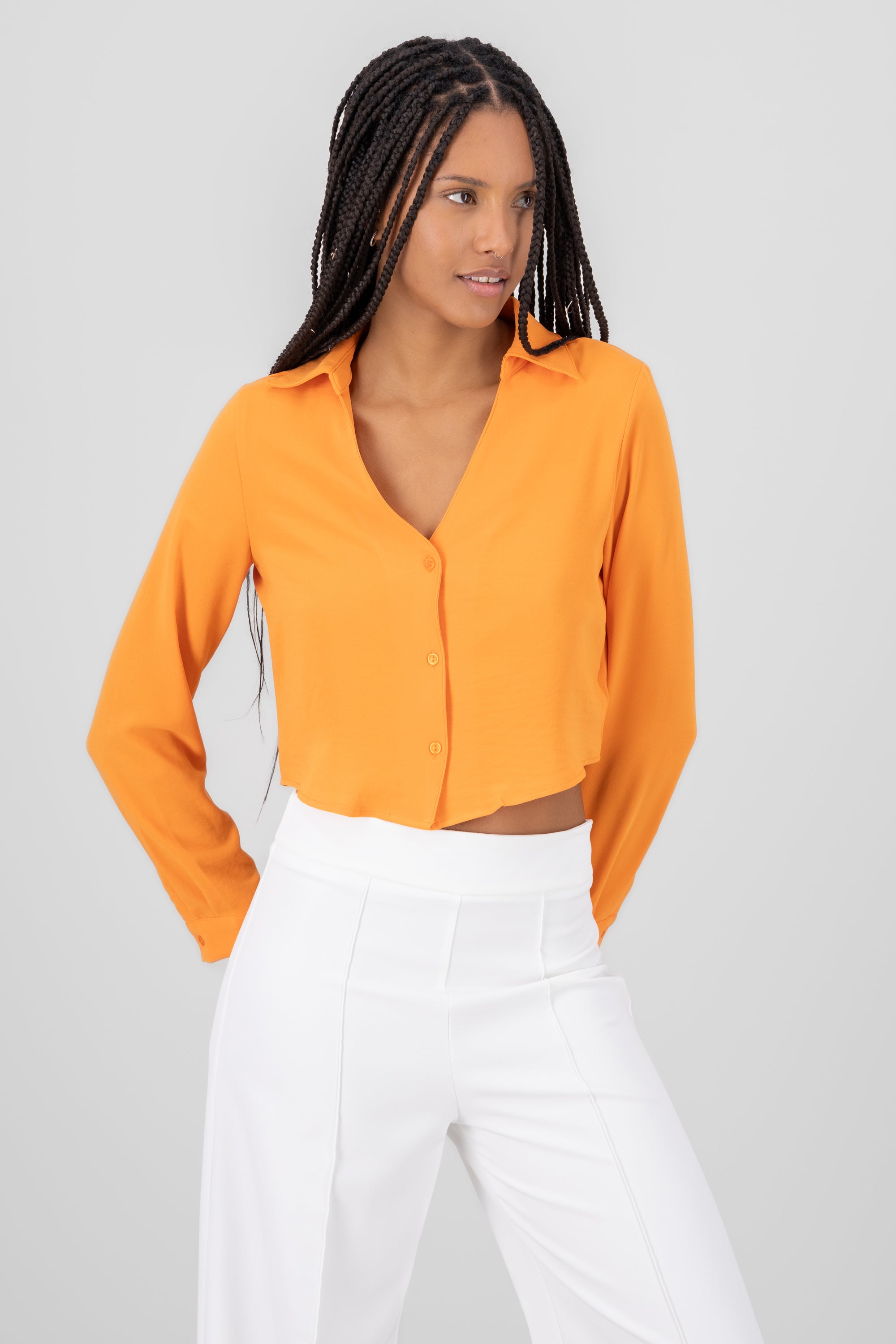 VNeck Long Sleeve ButtonUp Blouse TANGERINE