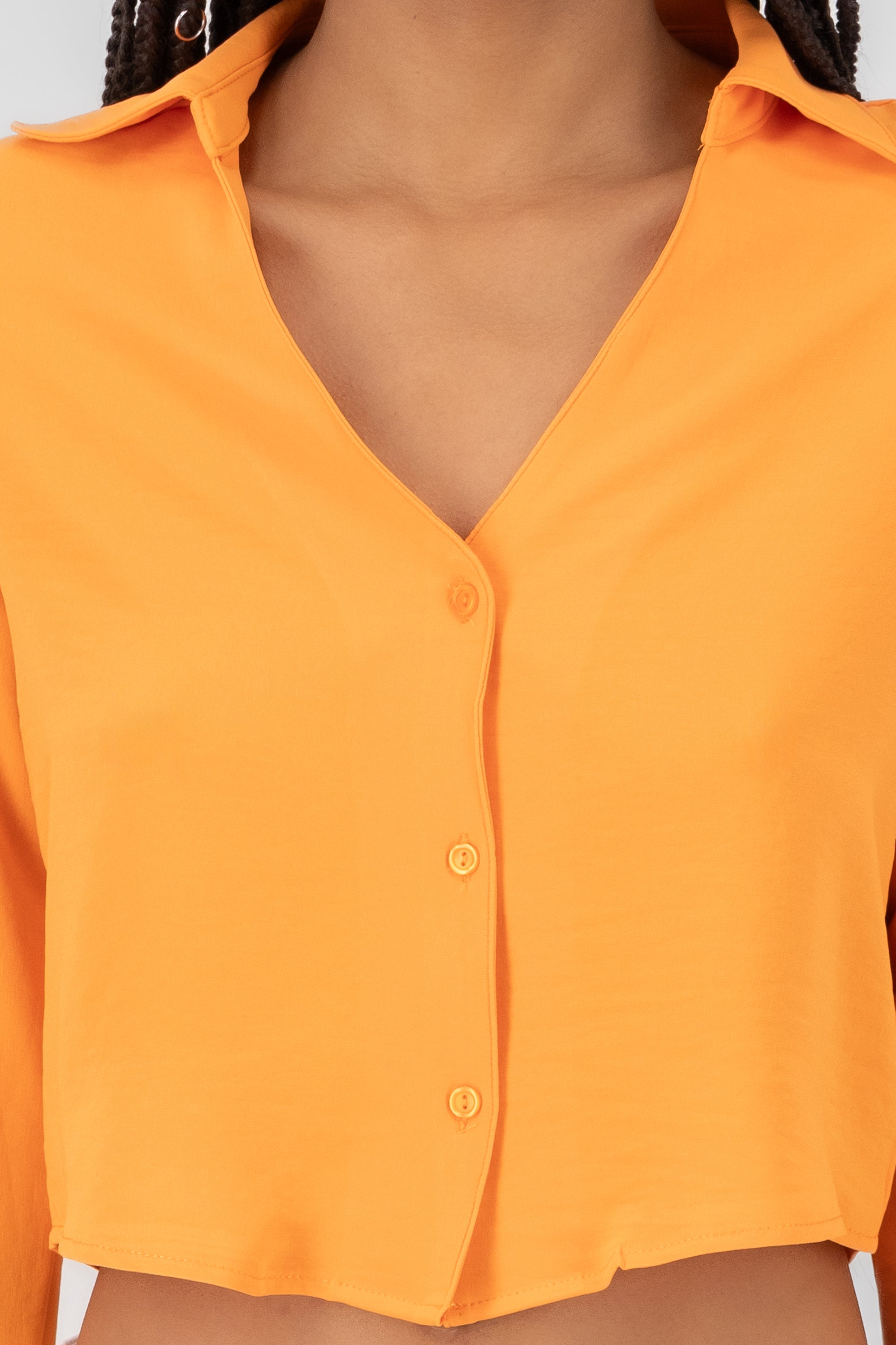 VNeck Long Sleeve ButtonUp Blouse TANGERINE