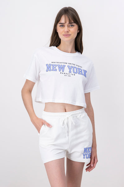 New York print crop top WHITE COMBO