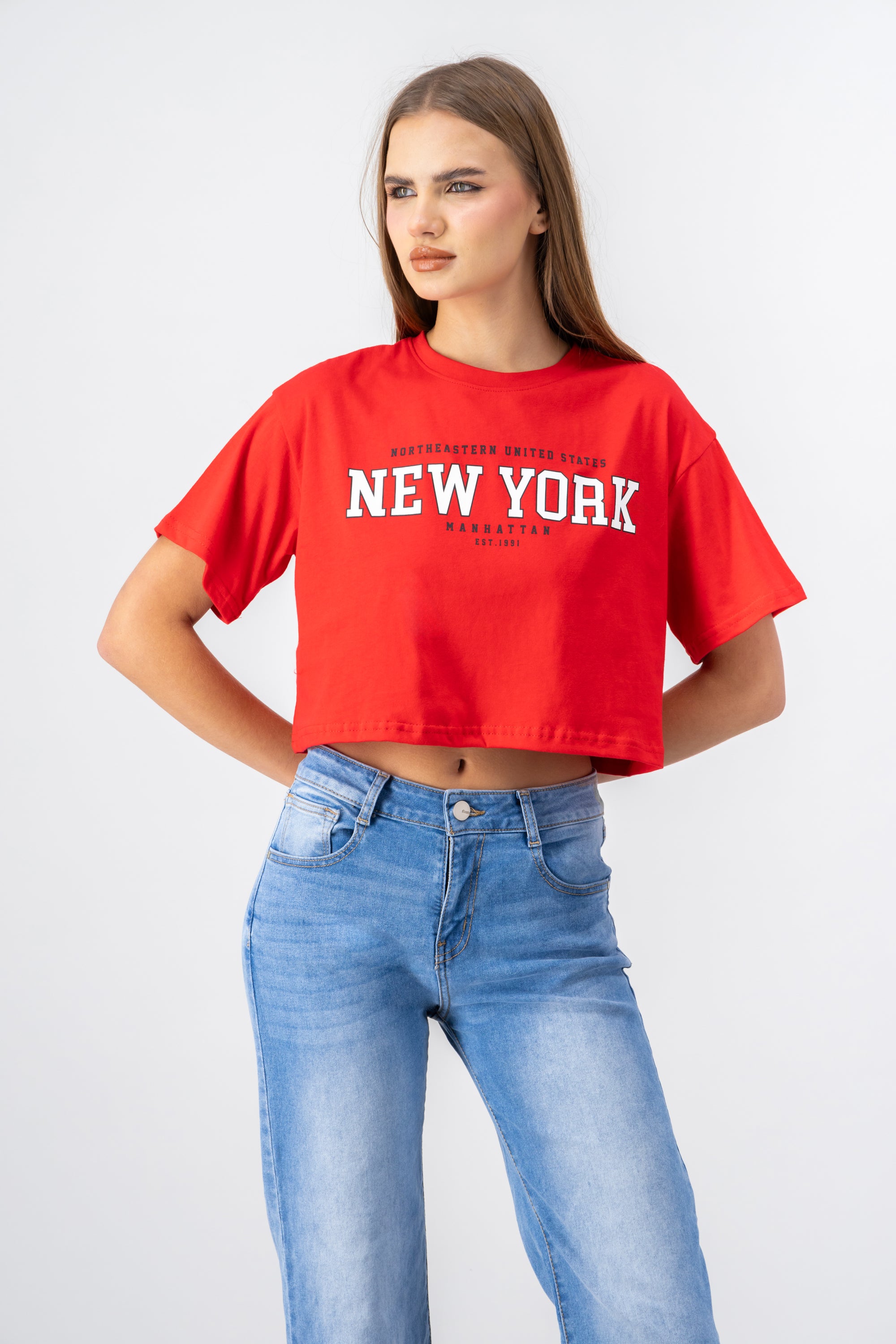 New York print crop top RED