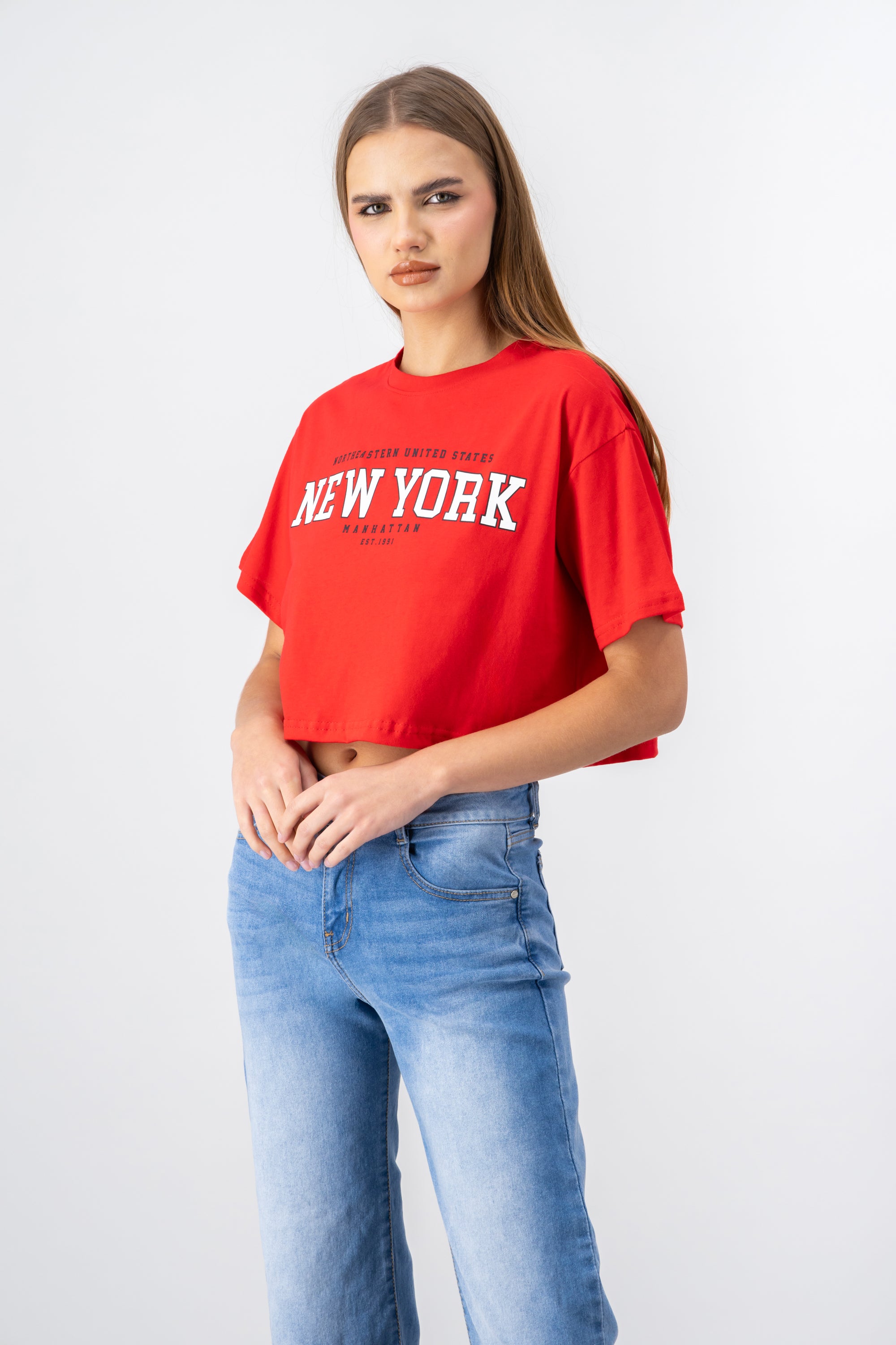 New York print crop top RED