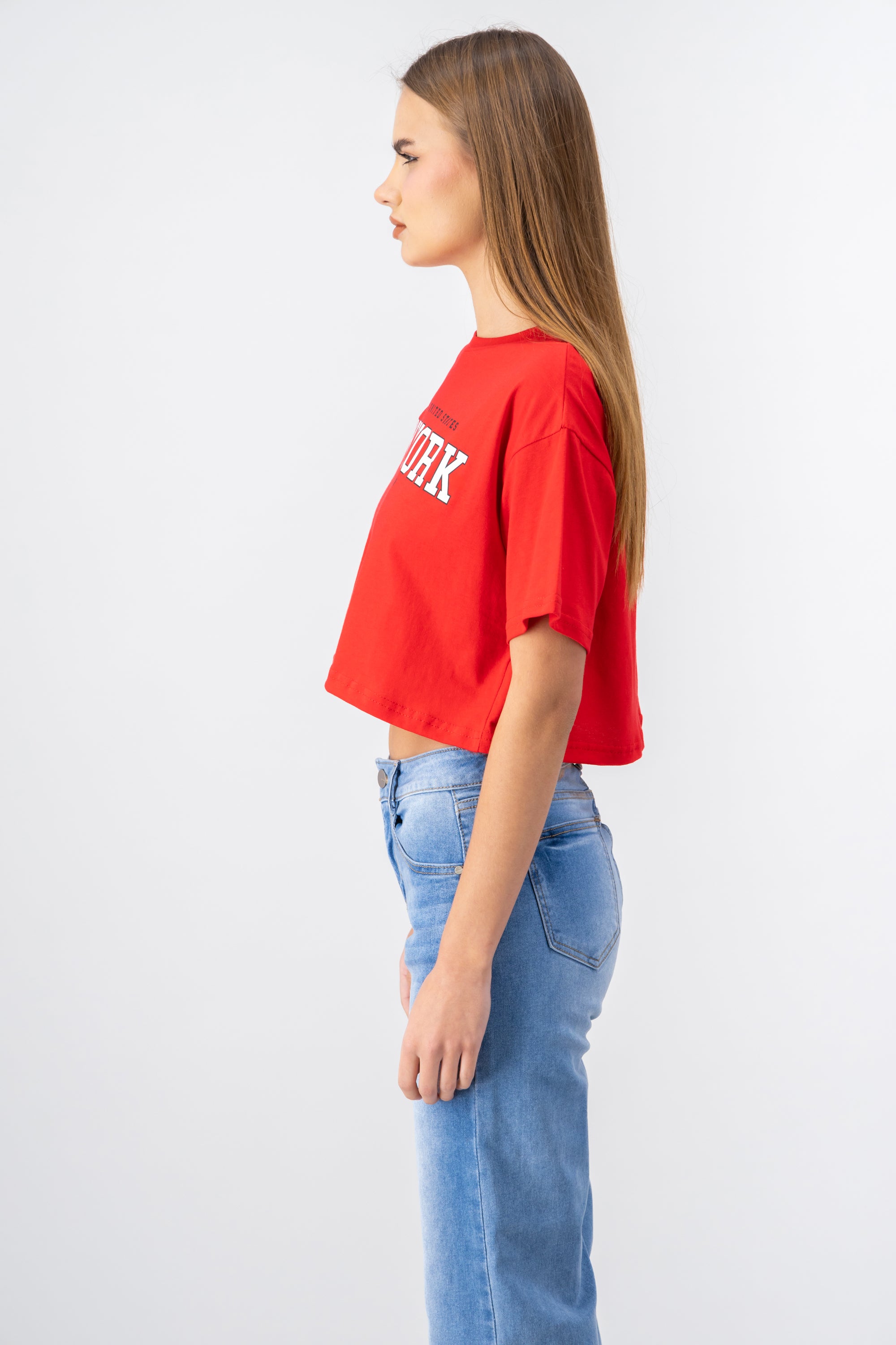 New York print crop top RED