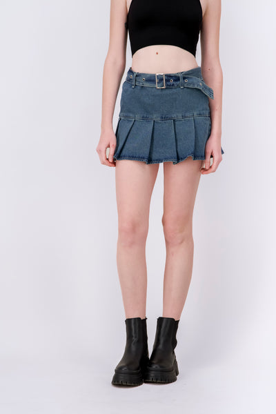 Pleated denim mini skirt