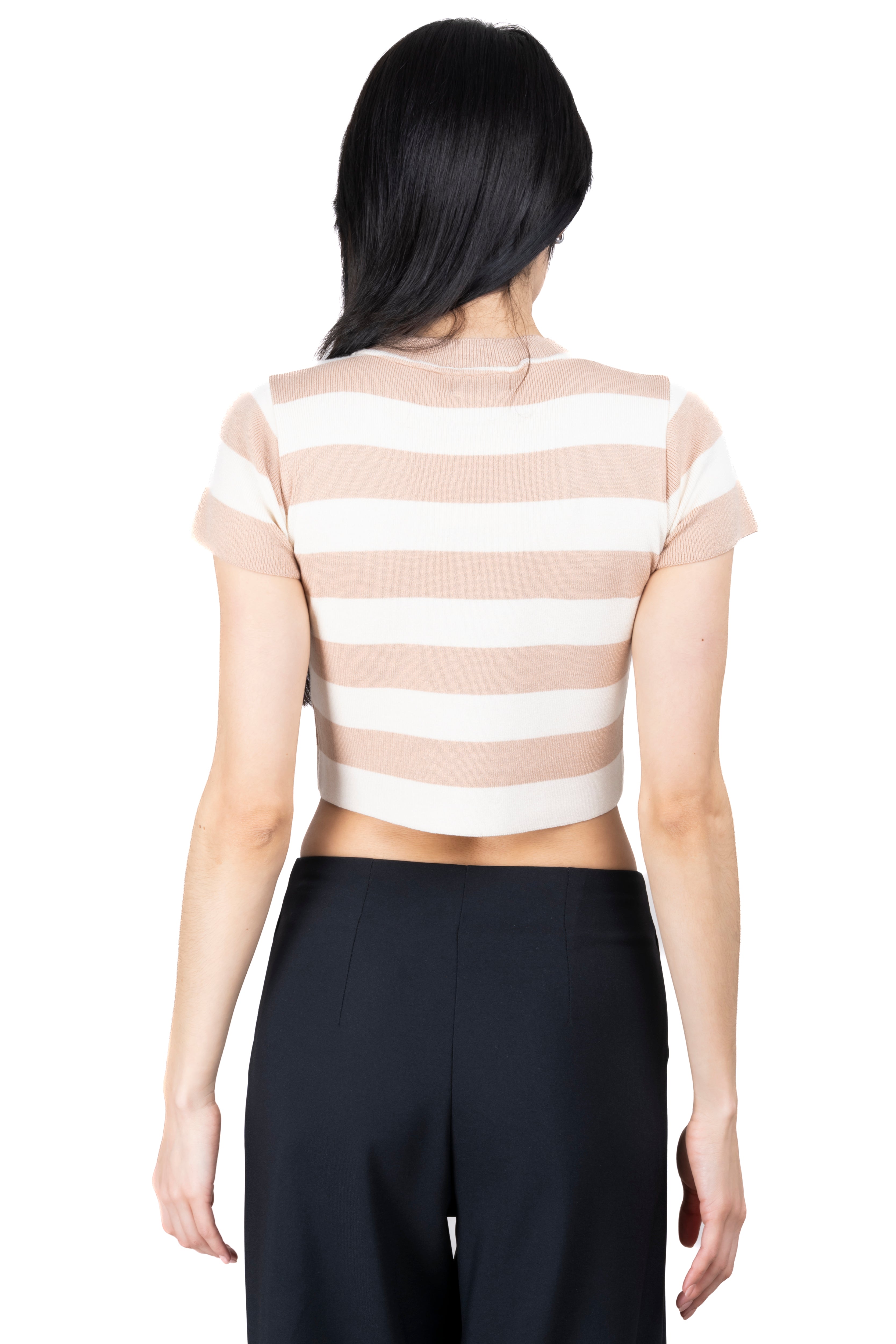 Soft Stripped Short Sleeve Top BEIGE