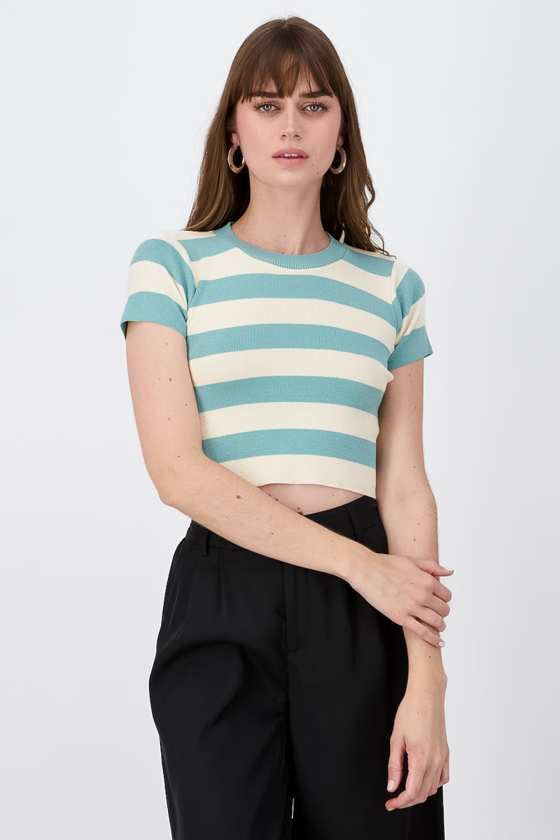 Soft Stripped Short Sleeve Top PASTEL BLUE