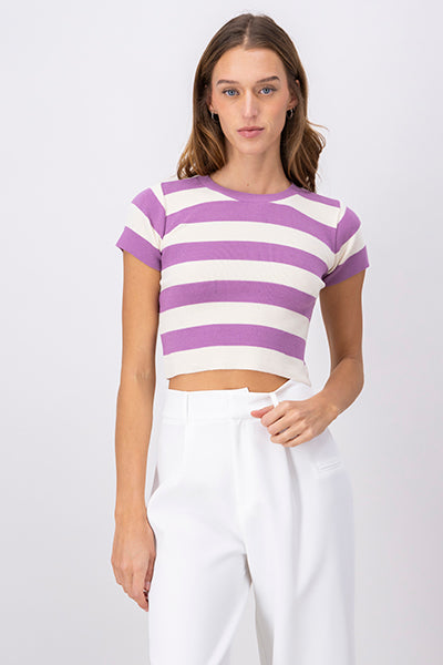 Soft Stripped Short Sleeve Top PASTEL PURPLE