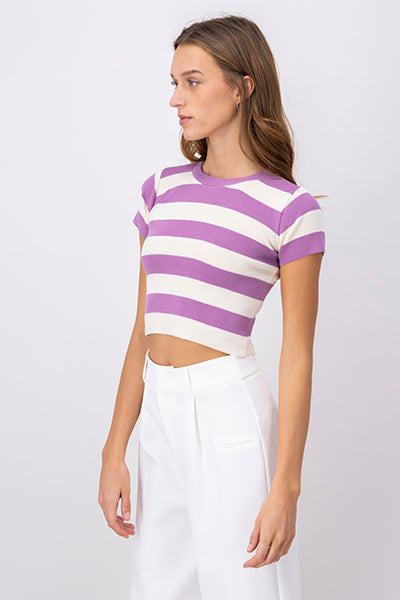 Soft Stripped Short Sleeve Top PASTEL PURPLE