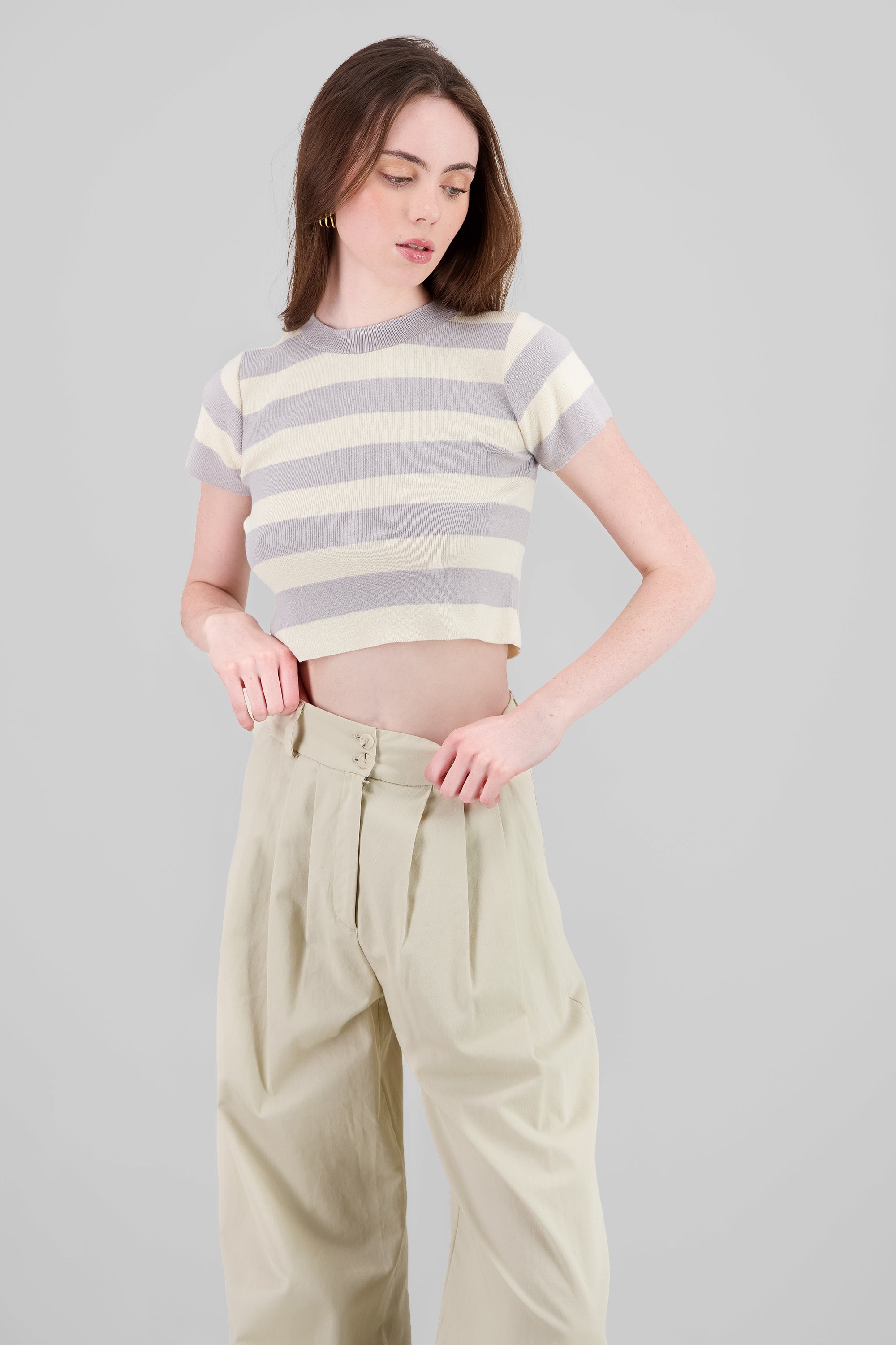 Soft Stripped Short Sleeve Top GRAY