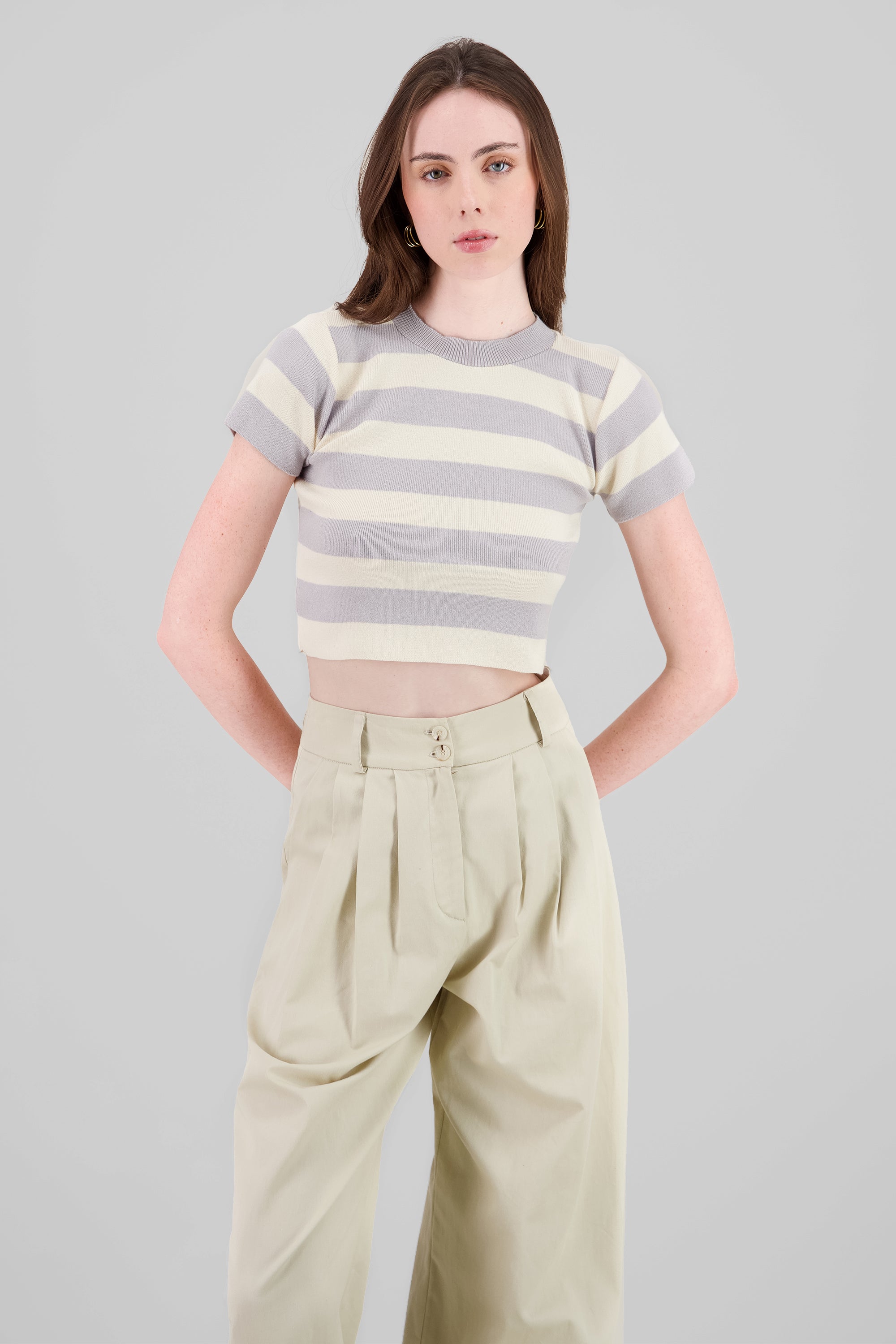 Soft Stripped Short Sleeve Top GRAY