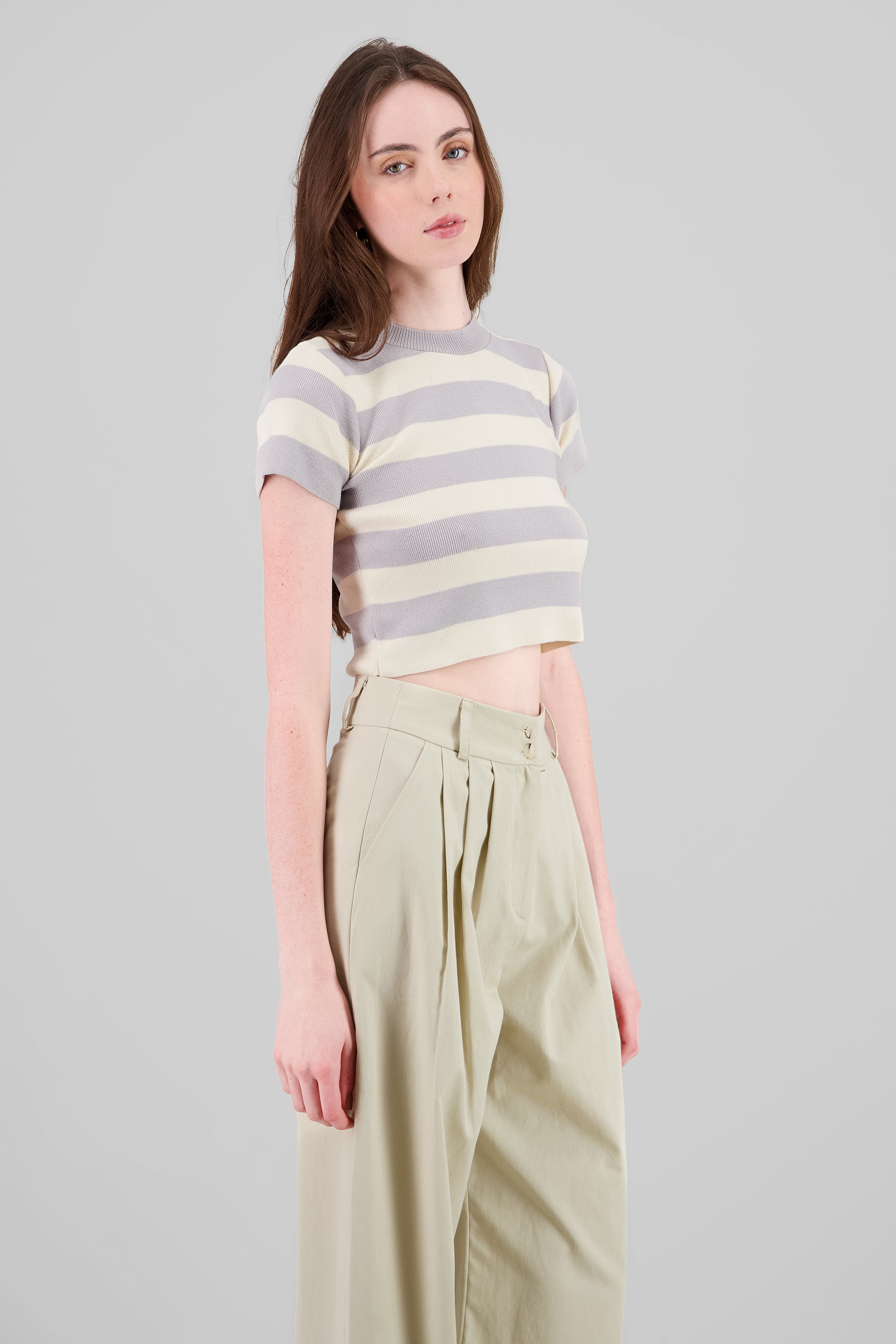 Soft Stripped Short Sleeve Top GRAY