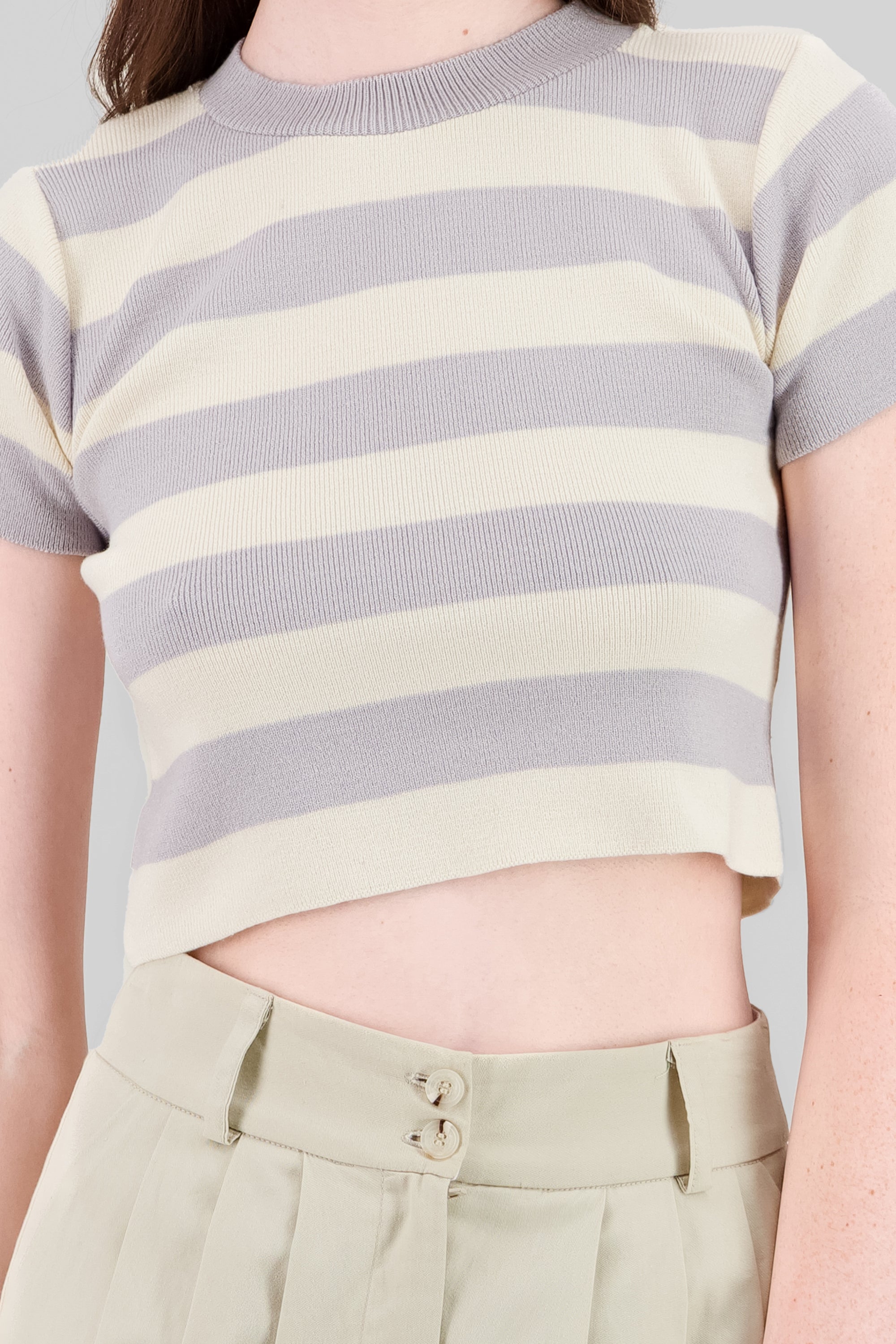 Soft Stripped Short Sleeve Top GRAY