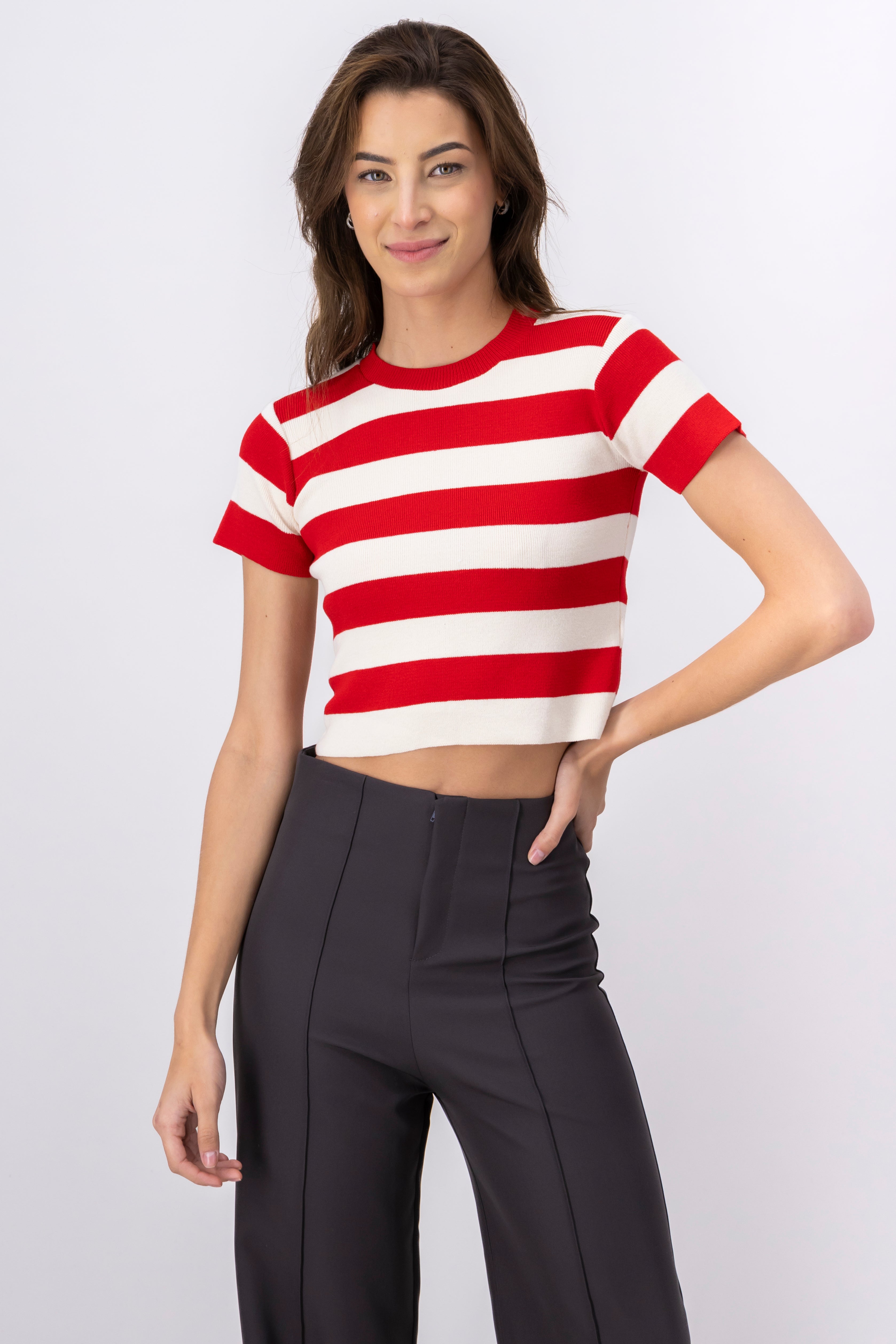 Soft Stripped Short Sleeve Top RED