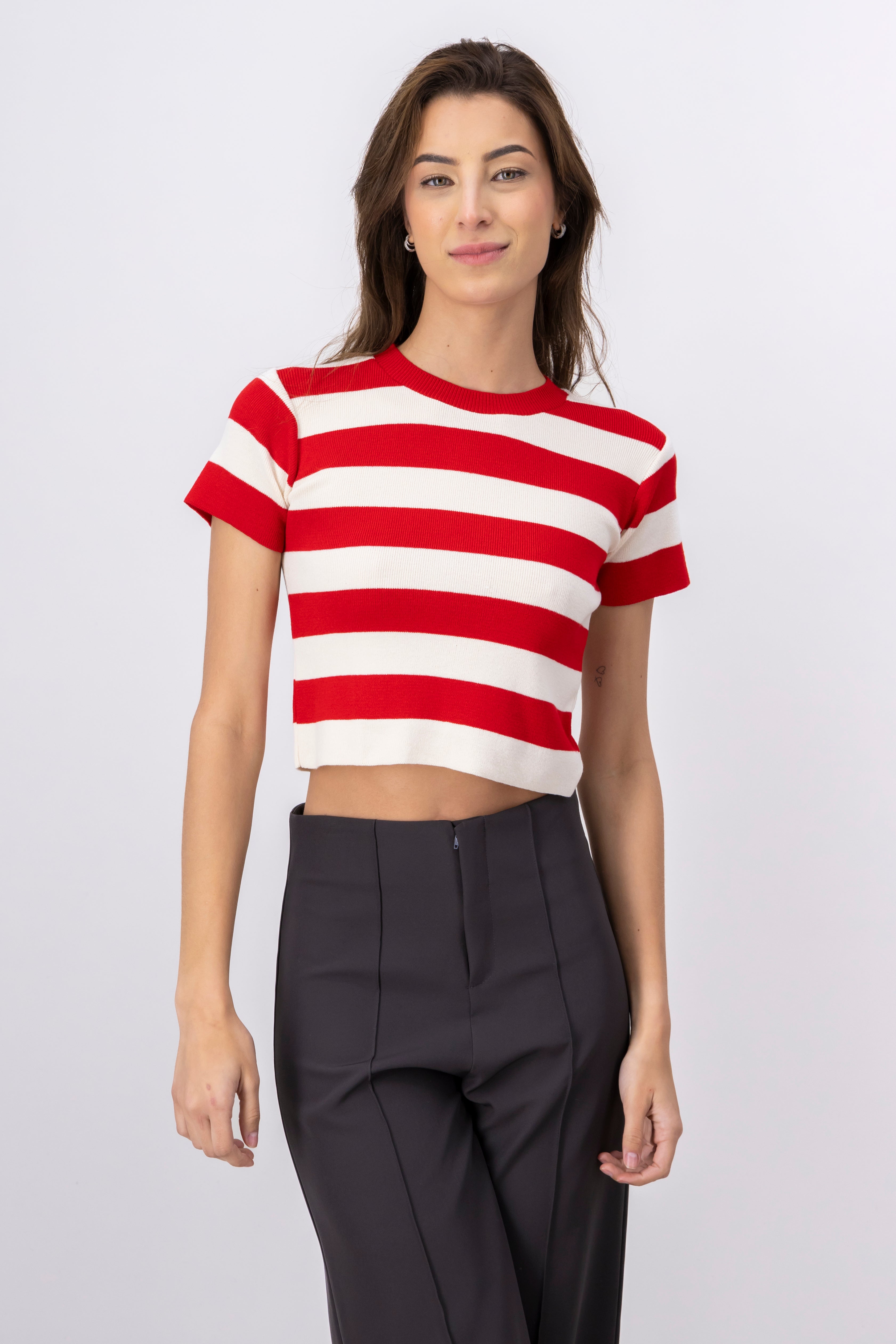 Soft Stripped Short Sleeve Top RED