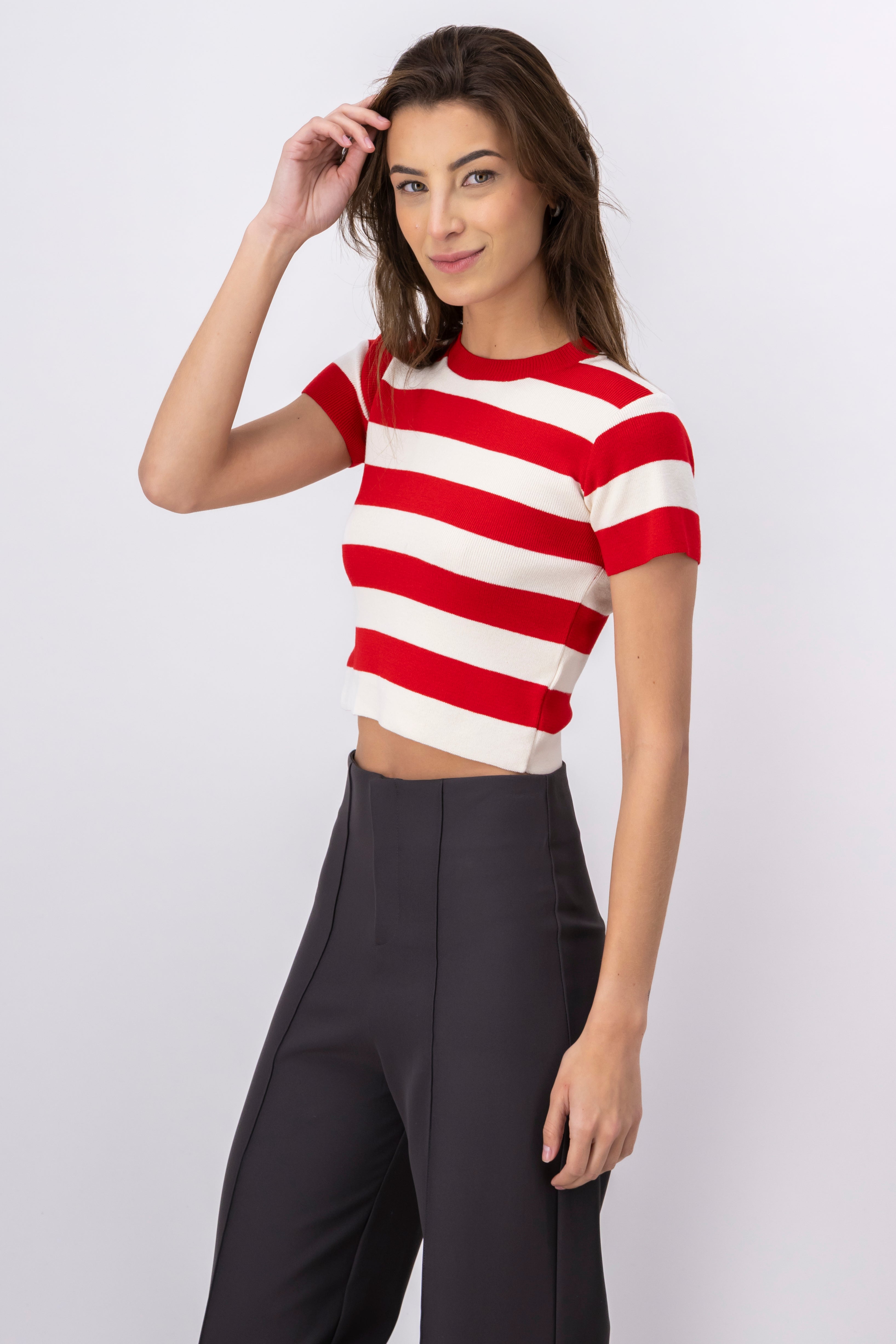 Soft Stripped Short Sleeve Top RED