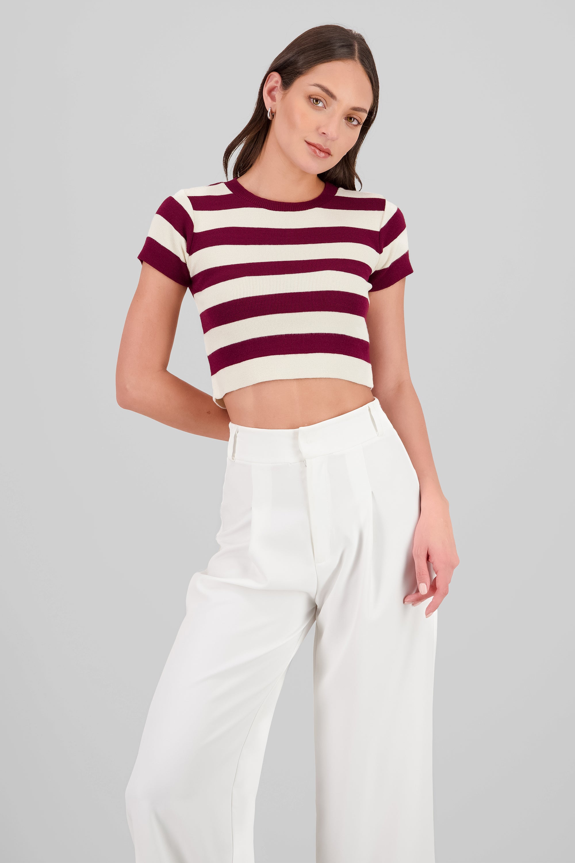 Soft Stripped Short Sleeve Top BURGUNDY