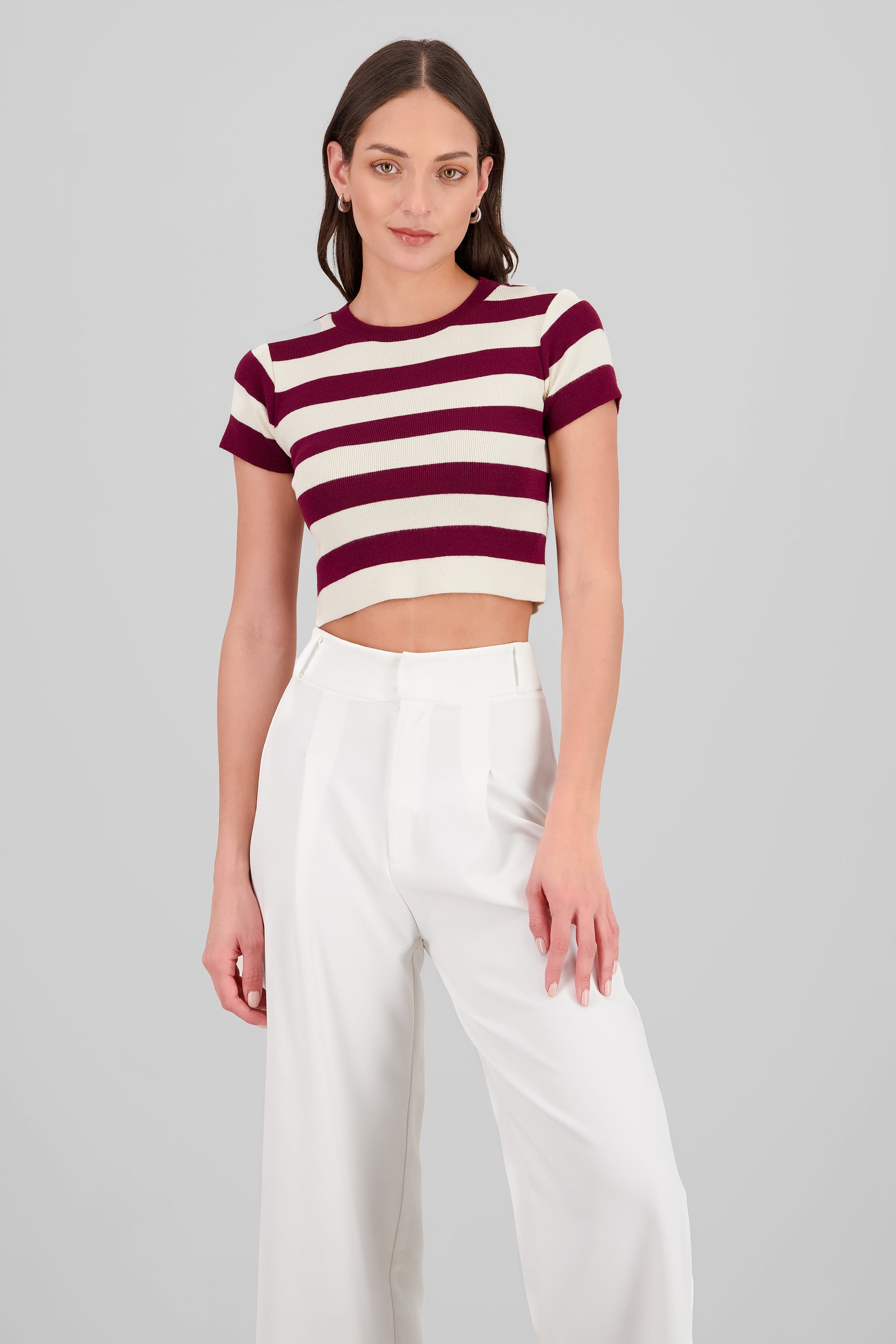 Soft Stripped Short Sleeve Top BURGUNDY