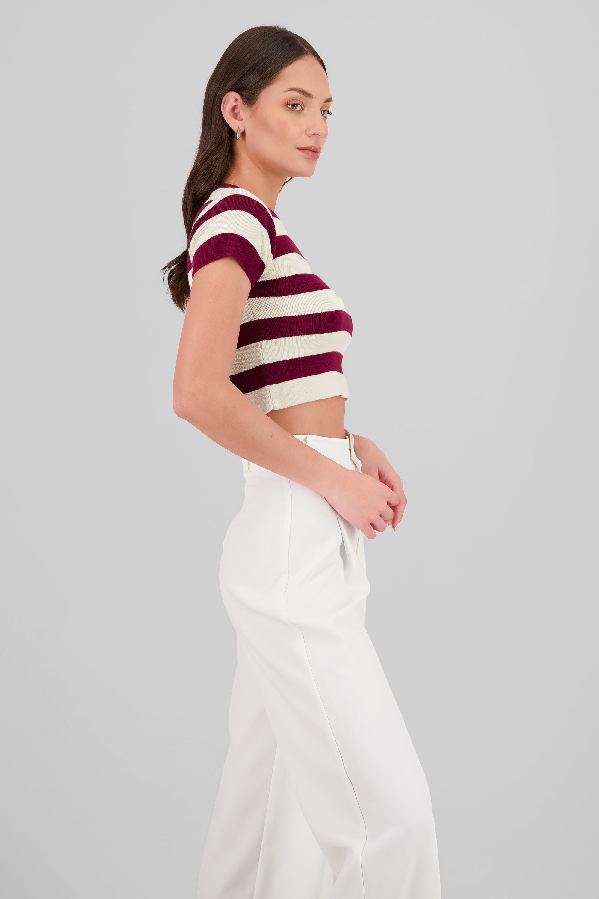 Soft Stripped Short Sleeve Top BURGUNDY