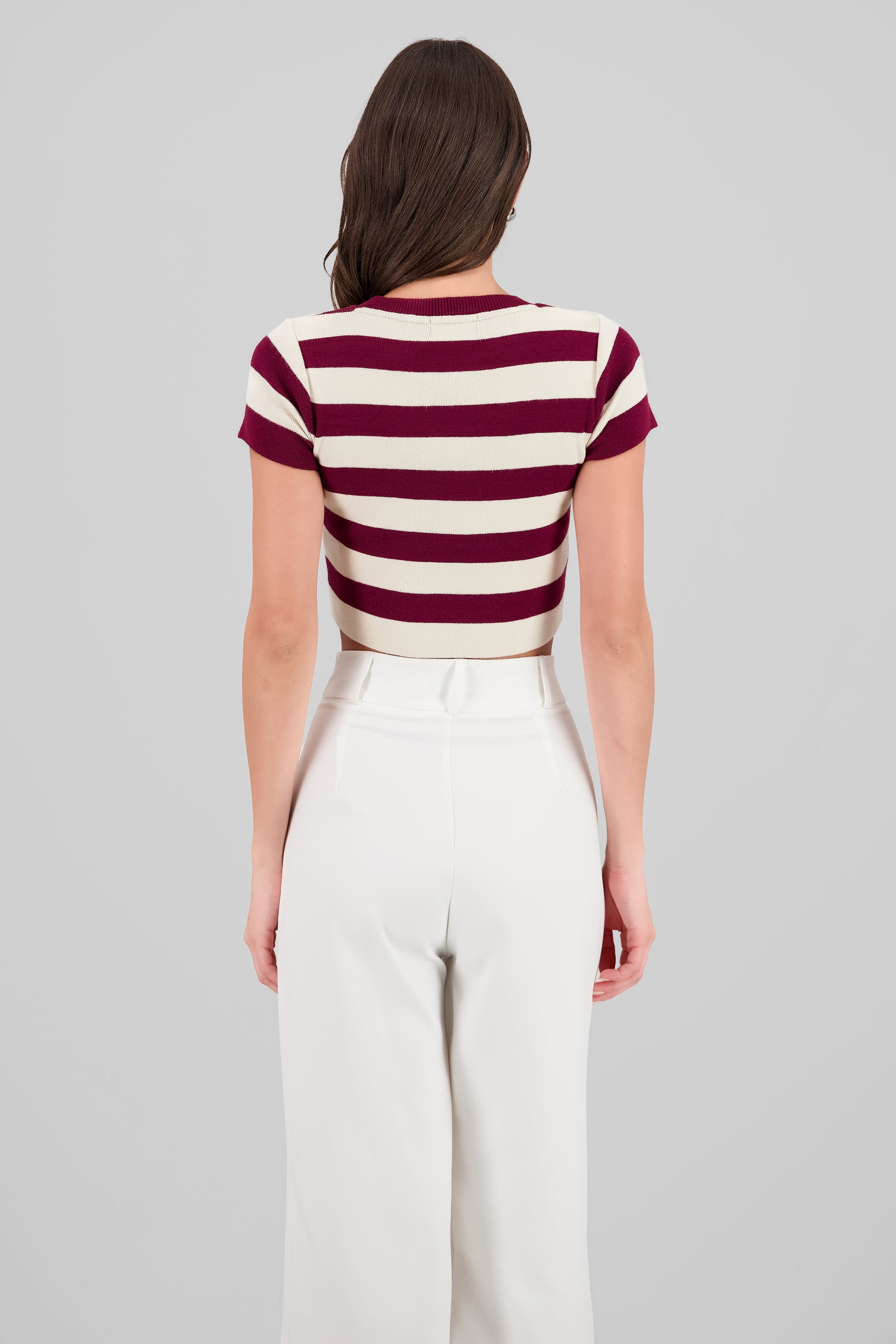 Soft Stripped Short Sleeve Top BURGUNDY