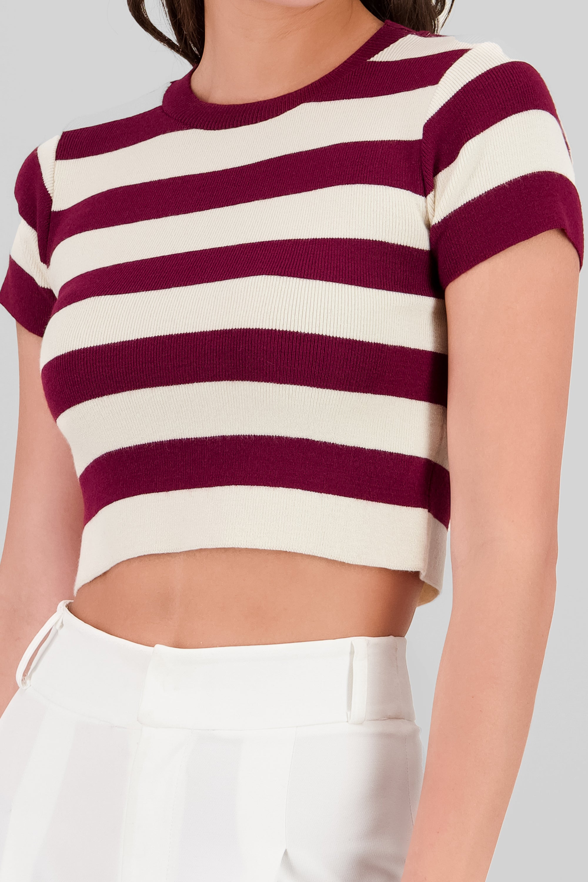 Soft Stripped Short Sleeve Top BURGUNDY