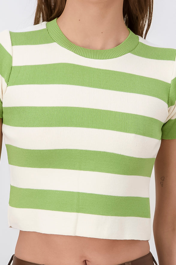 Soft Stripped Short Sleeve Top LIME GREEN