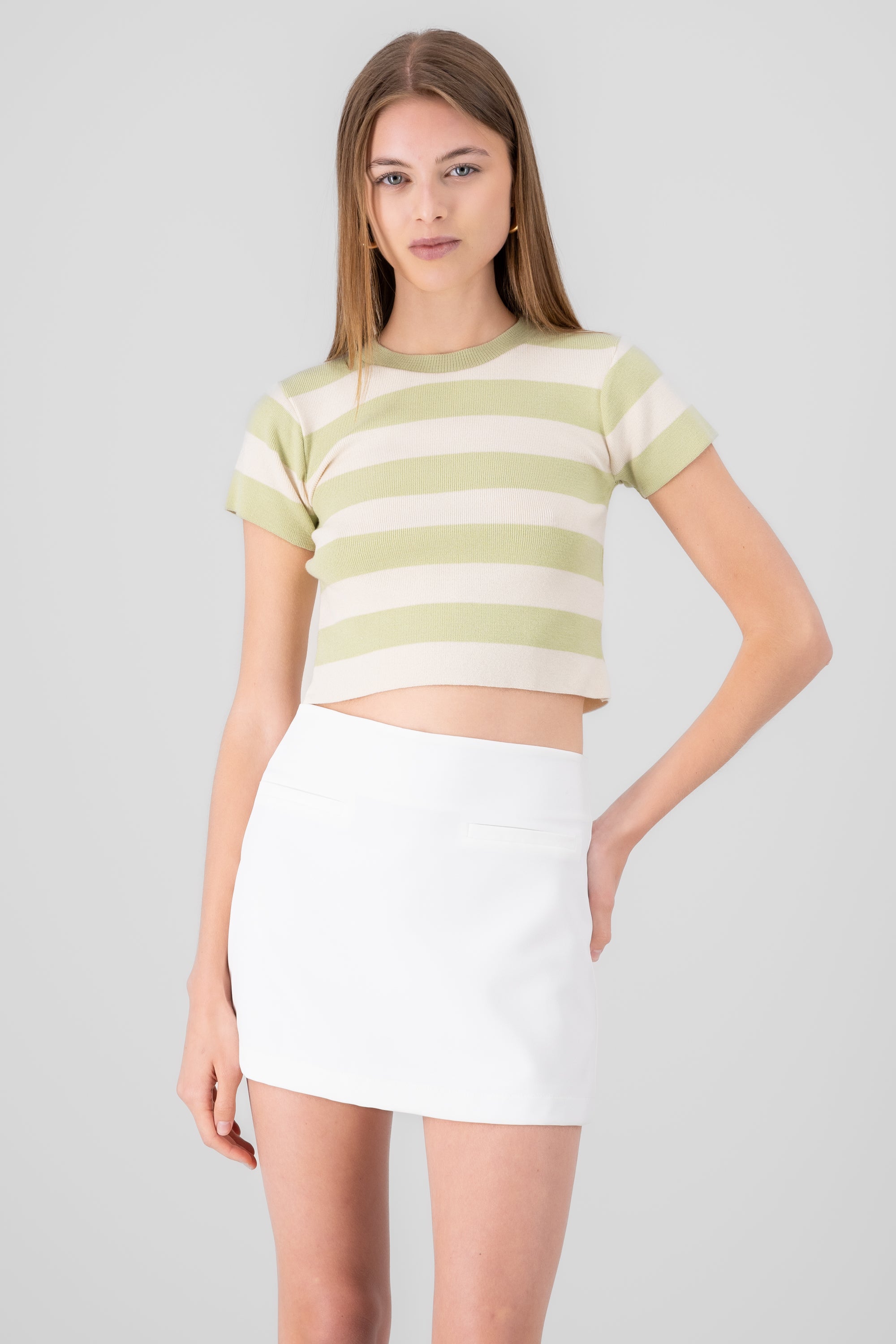 Soft Stripped Short Sleeve Top LIGHT GREEN