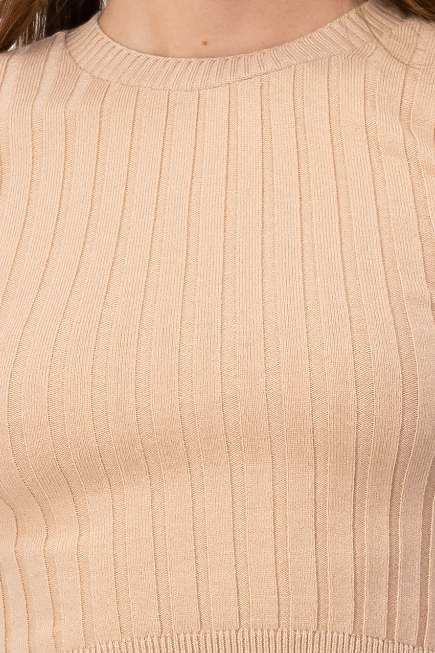 Ribbed Round Neck Short Sleeve BEIGE