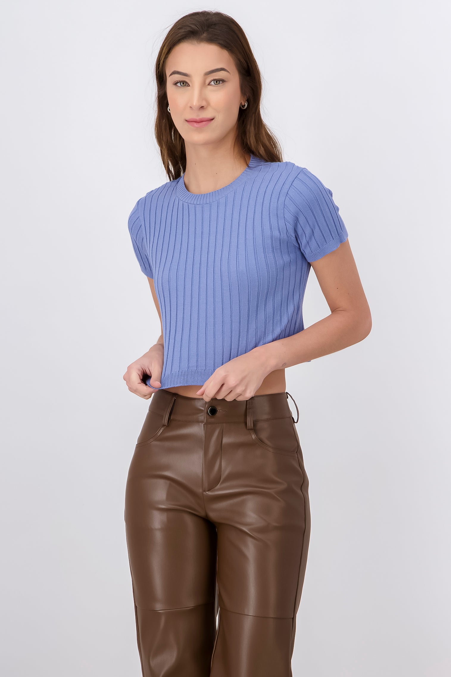 Ribbed Round Neck Short Sleeve BLUE