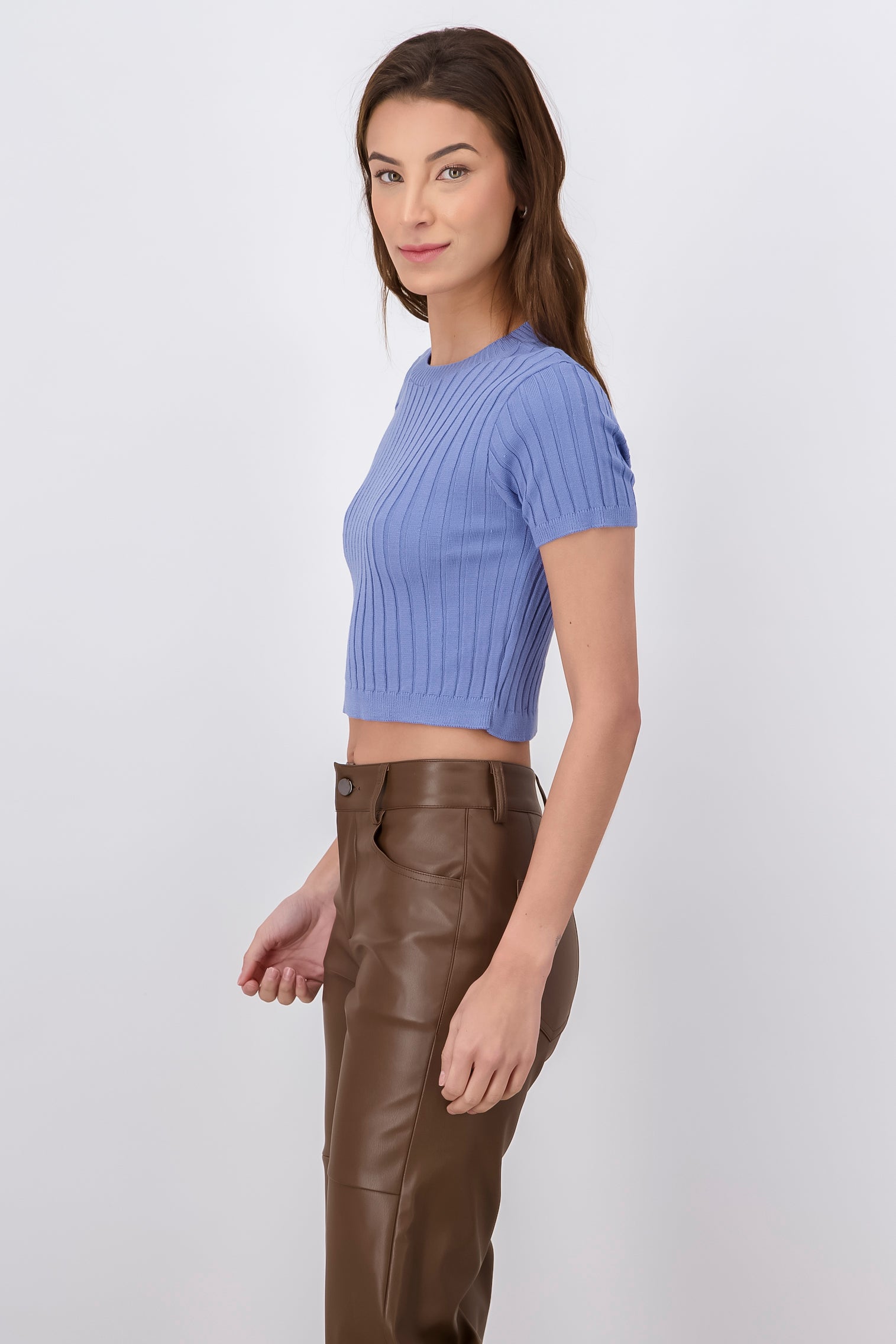 Ribbed Round Neck Short Sleeve BLUE