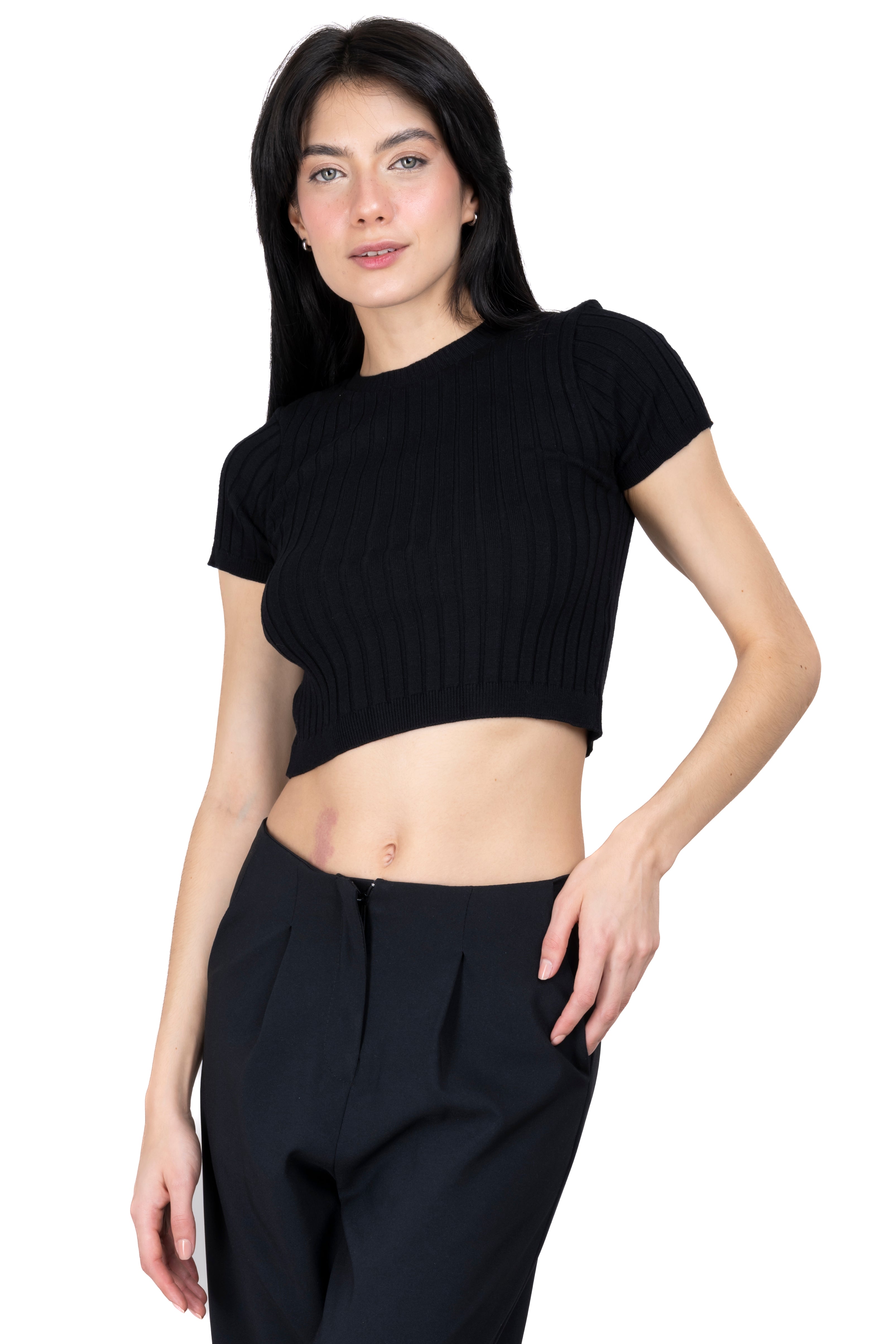 Ribbed Round Neck Short Sleeve BLACK