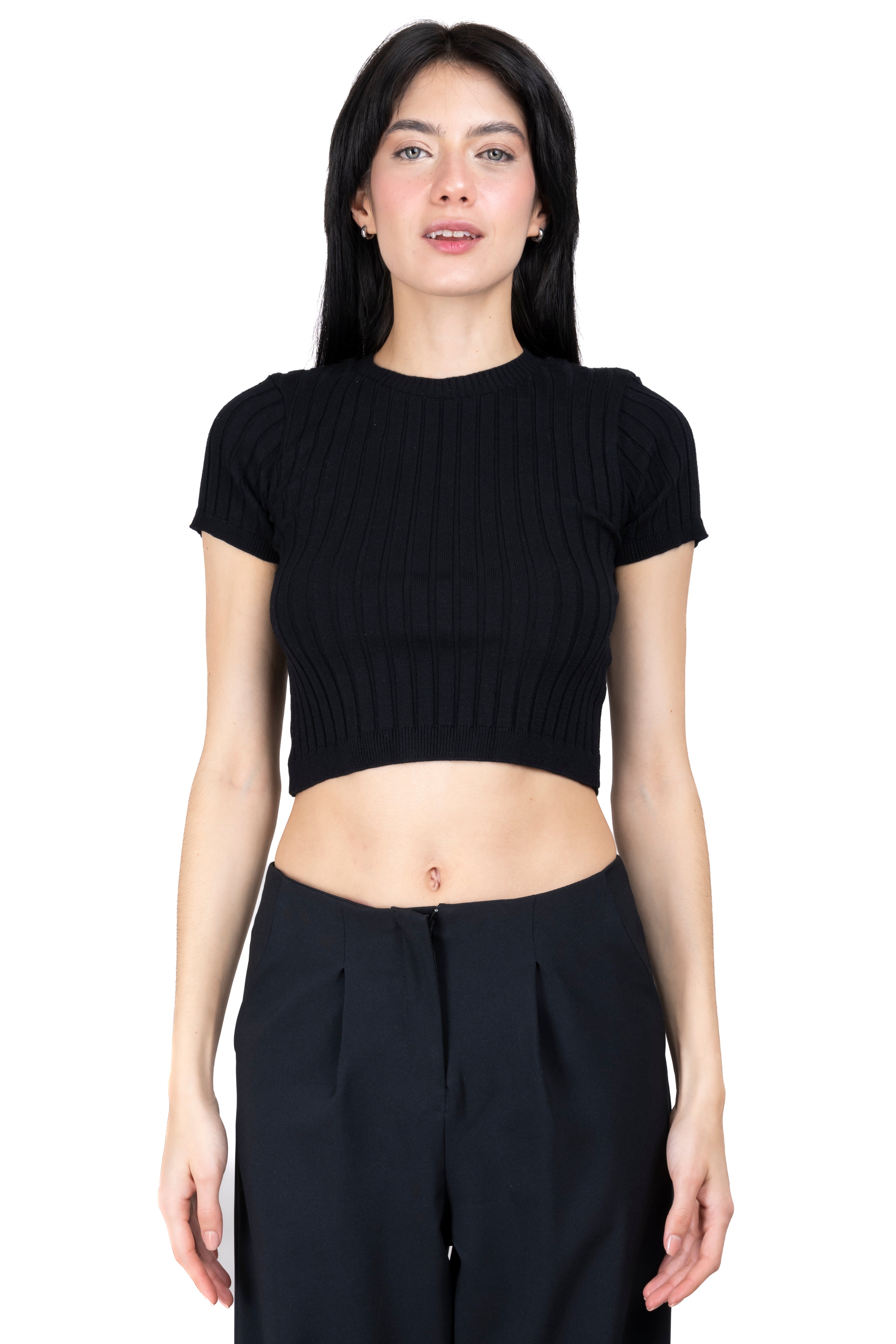 Ribbed Round Neck Short Sleeve BLACK