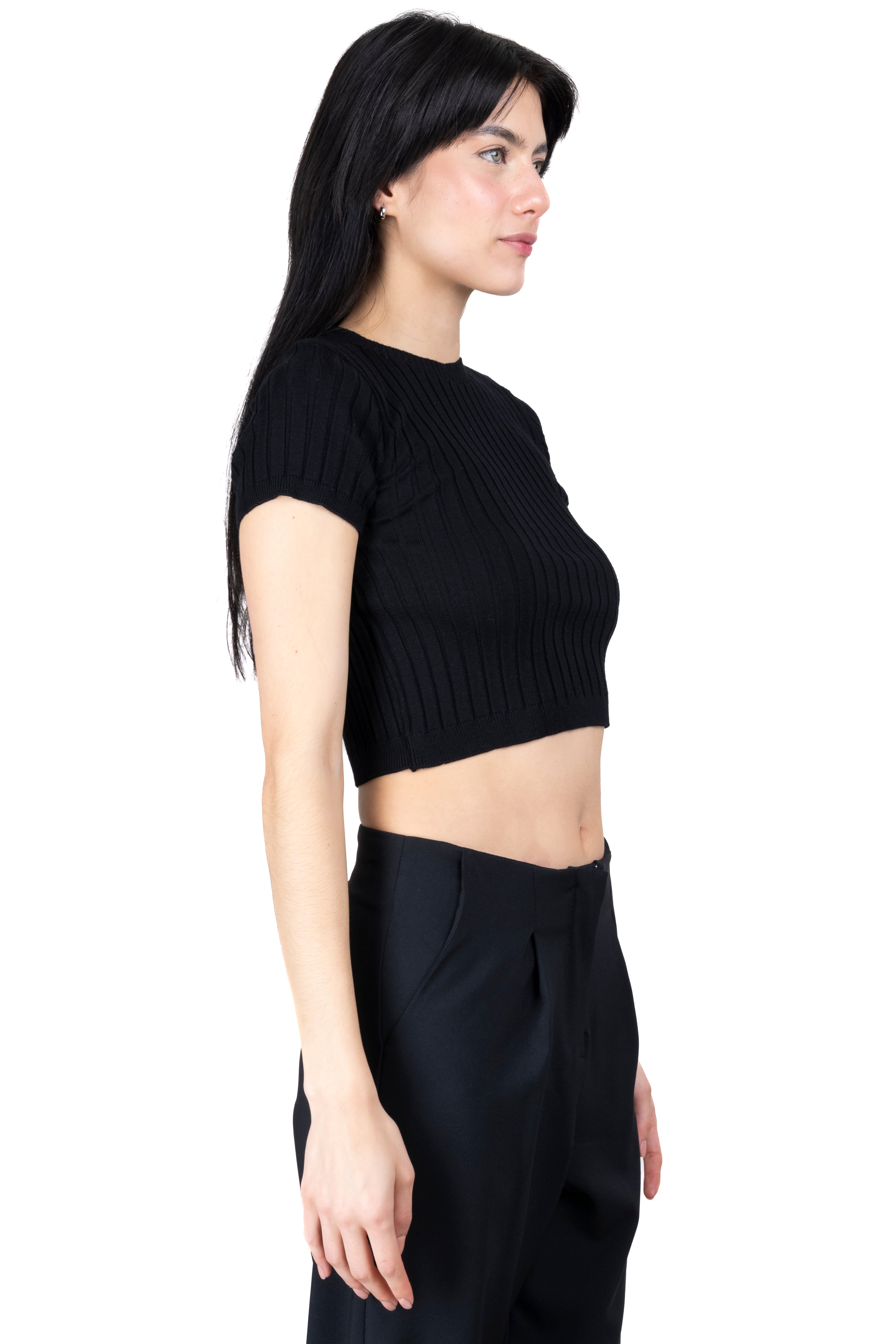 Ribbed Round Neck Short Sleeve BLACK