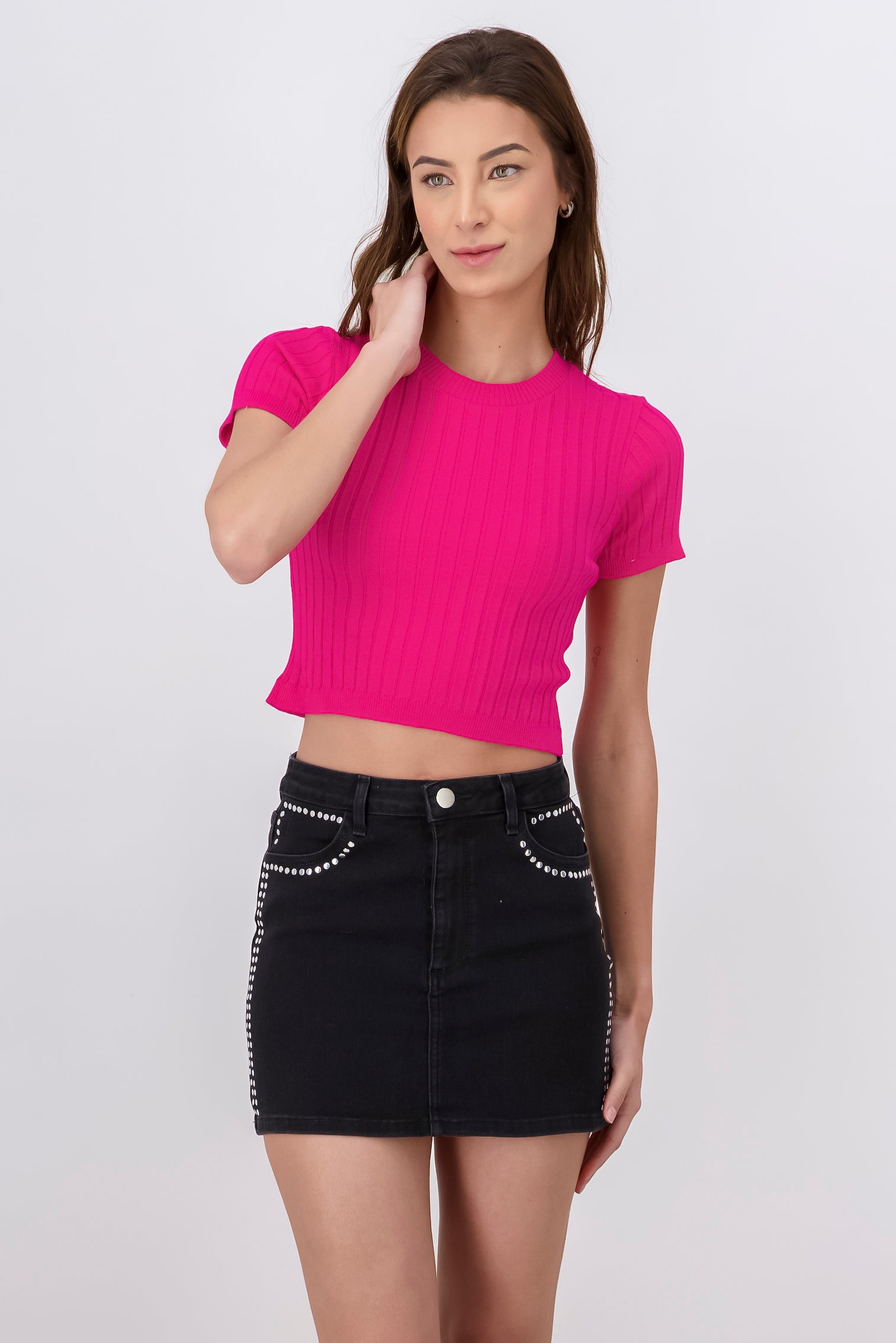 Ribbed Round Neck Short Sleeve PINK